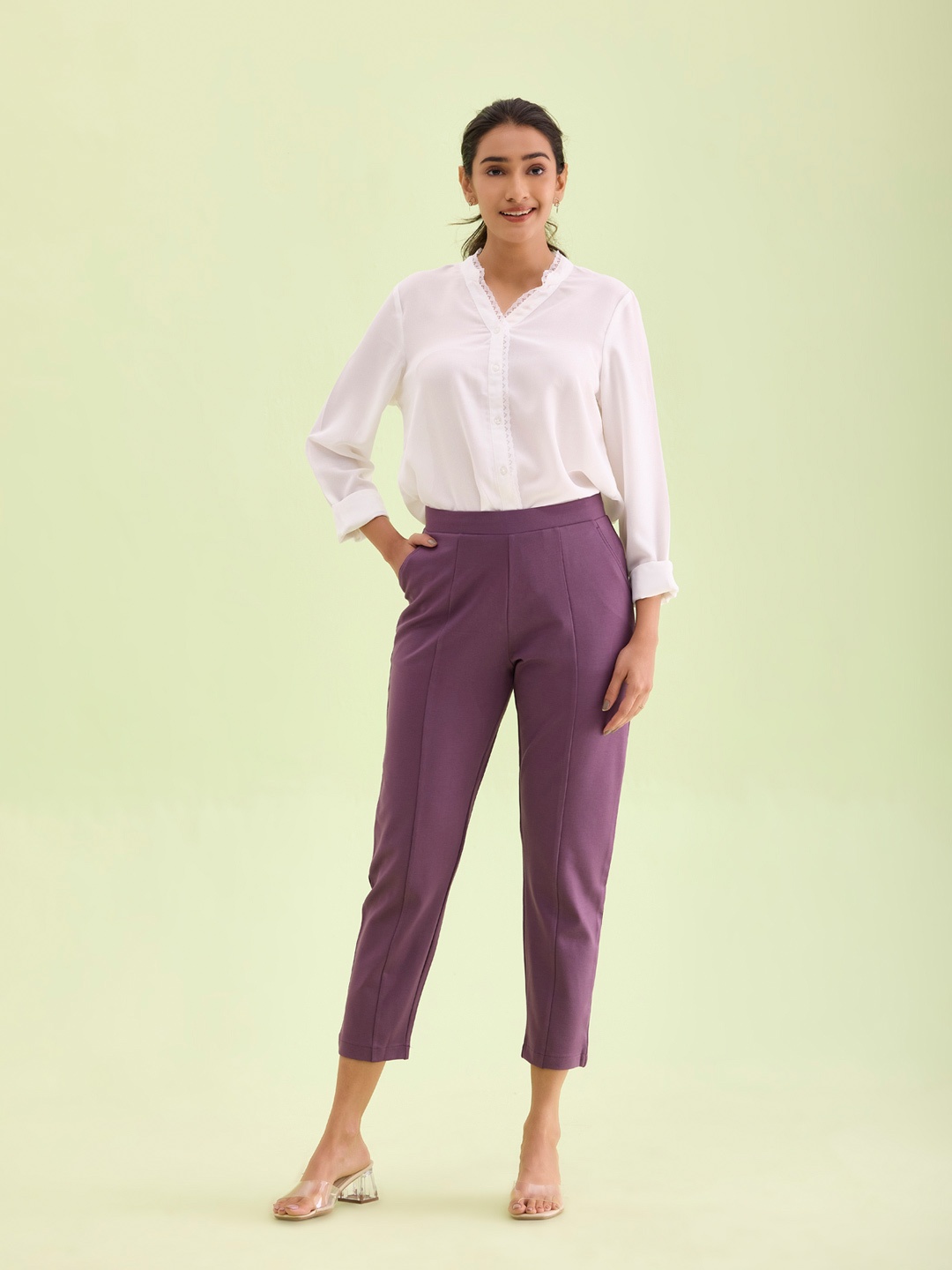 

Go Colors Slim Fit Smart Pleated Trousers, Purple