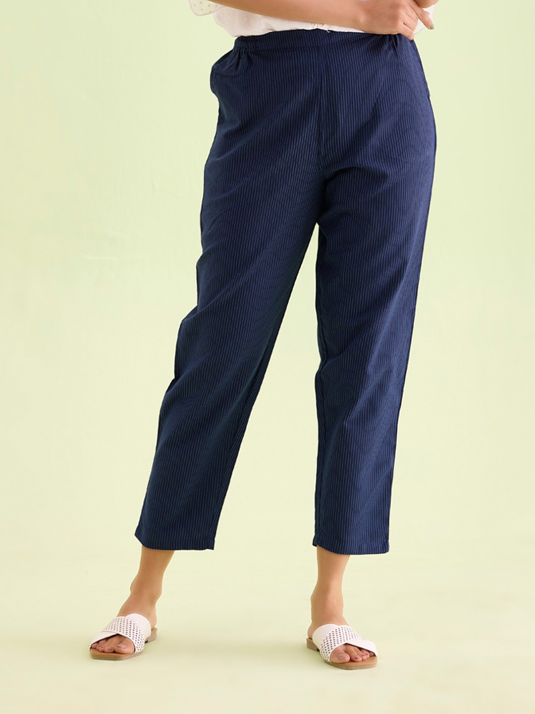 

Go Colors Women Linen Smart Straight Fit Trousers, Navy blue