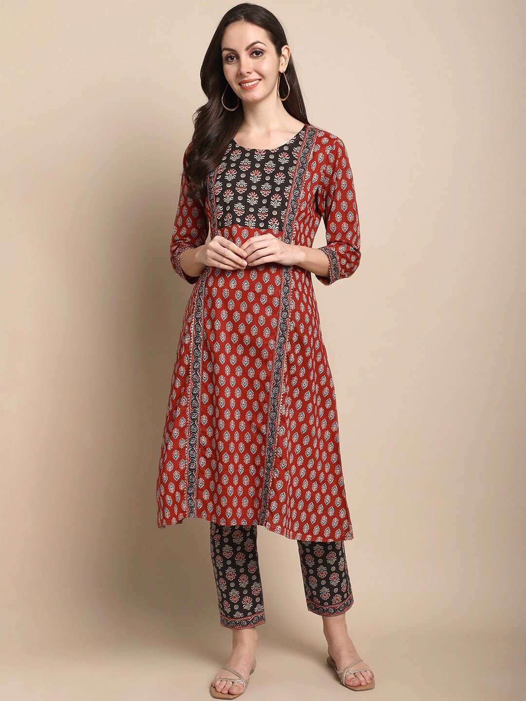 

KALINI Maternity Floral Printed Pure Cotton Kurta with Trousers, Maroon