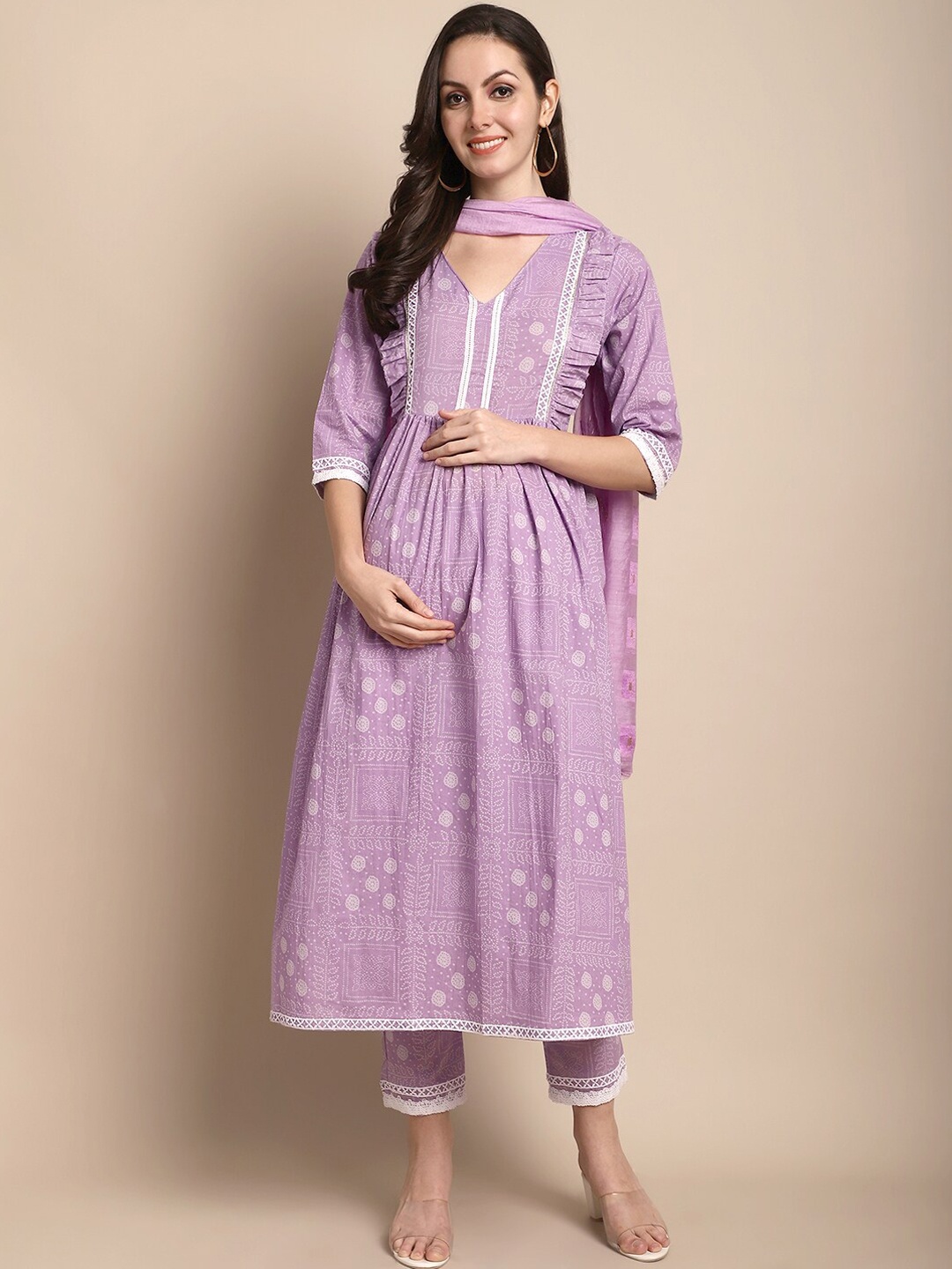 

KALINI Ethnic Motifs Printed Empire Pure Cotton Maternity Kurta with Trousers & Dupatta, Purple