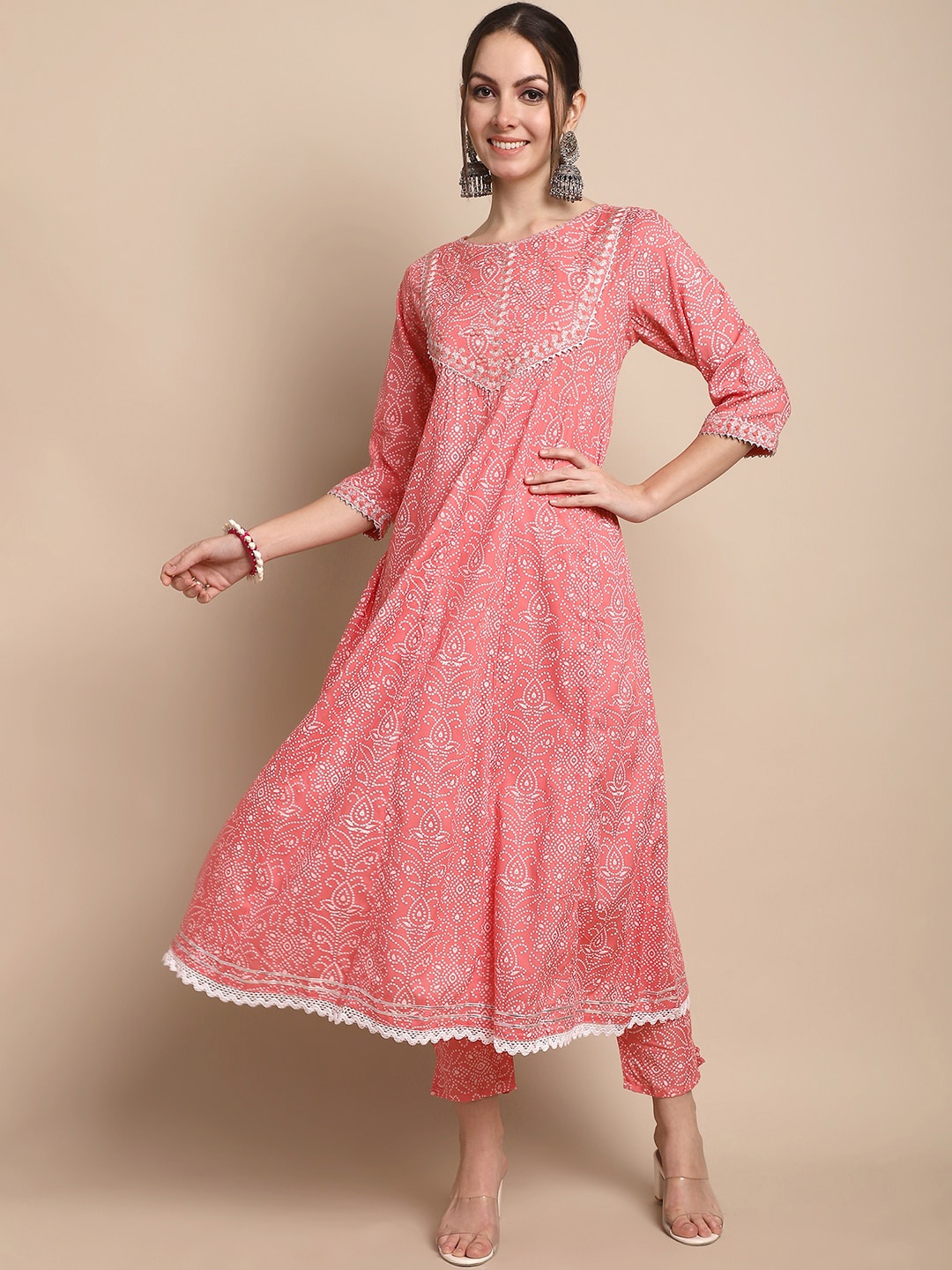 

KALINI Ethnic Motifs Printed Pure Cotton A-line Kurta with Trousers, Peach