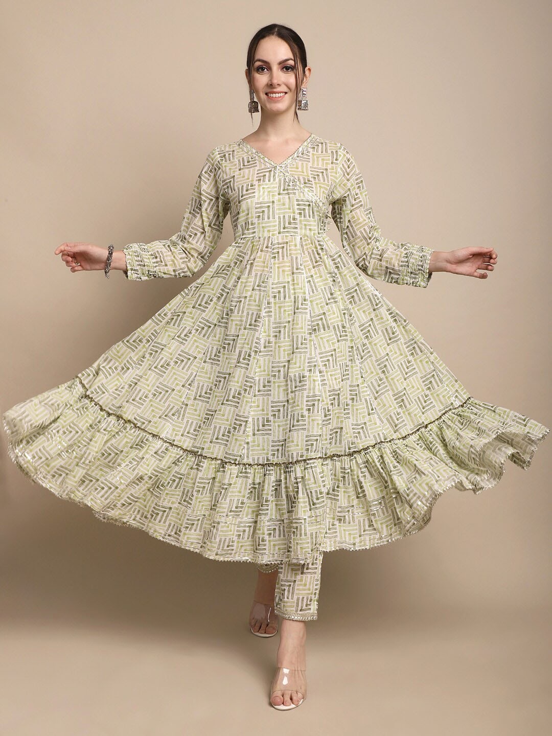 

KALINI Geometric Printed Pure Cotton Anarkali Kurta with Trousers, Green