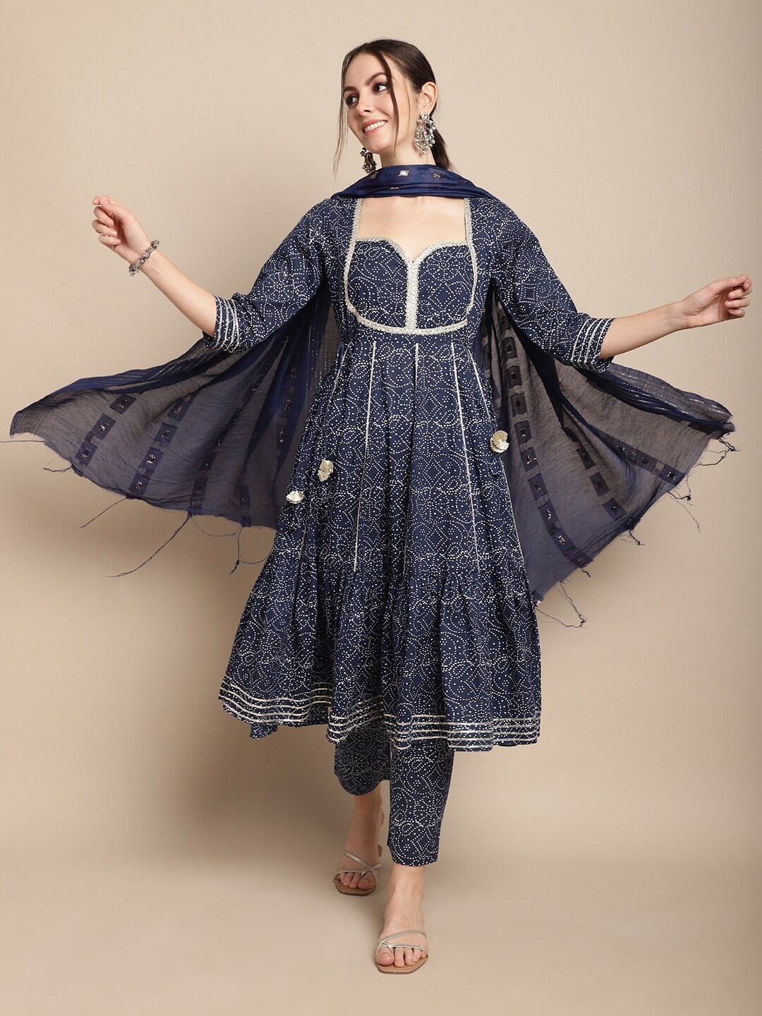 

KALINI Ethnic Motifs Printed Pure Cotton Kurta & Trousers With Dupatta, Blue