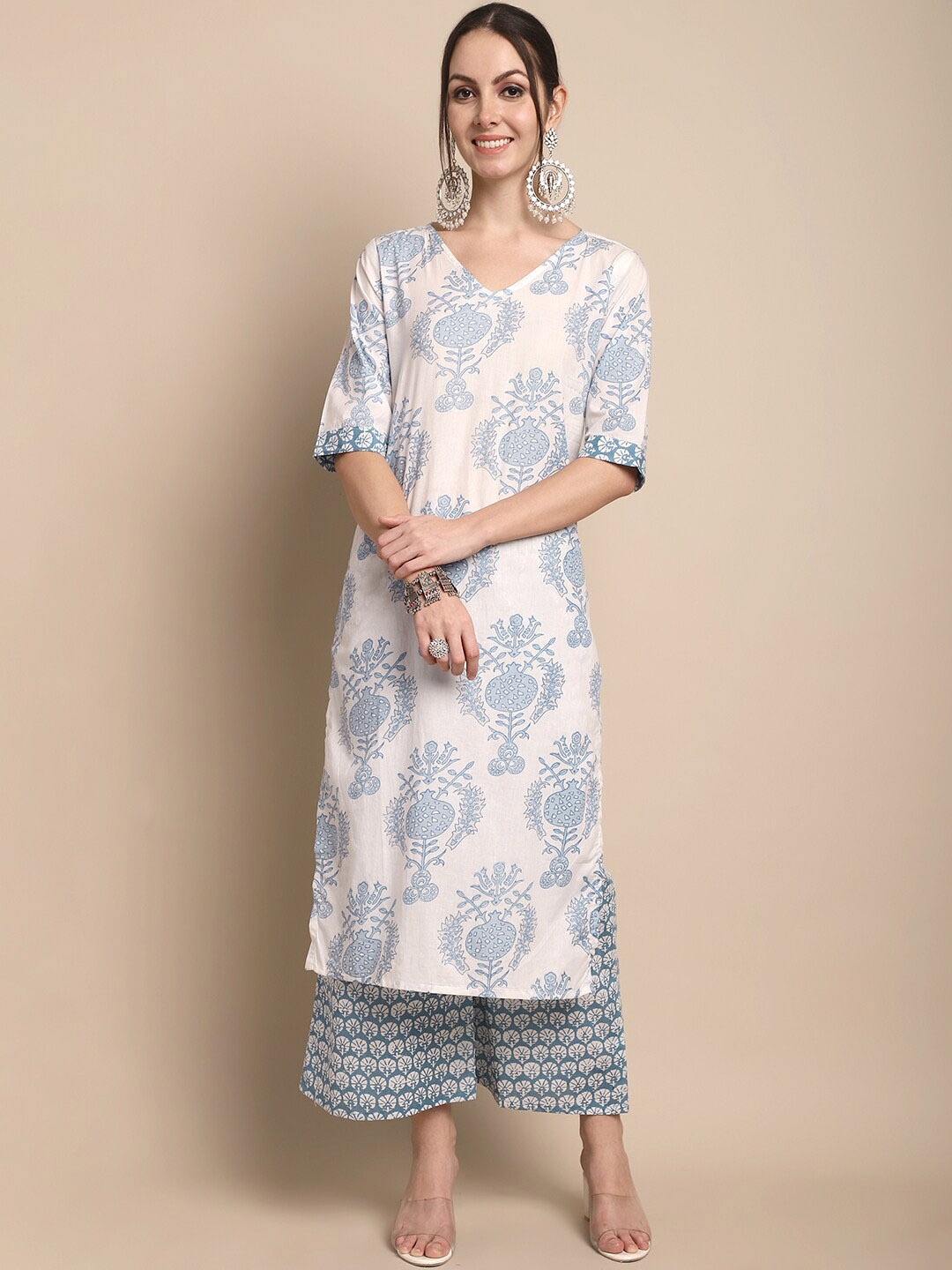 

KALINI Floral Printed Regular Pure Cotton Kurta With Trousers, White