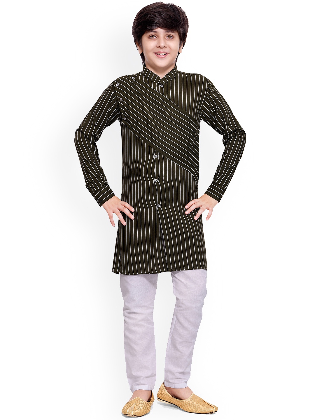 

BAESD Boys Striped Regular Kurta with Pyjamas, Green