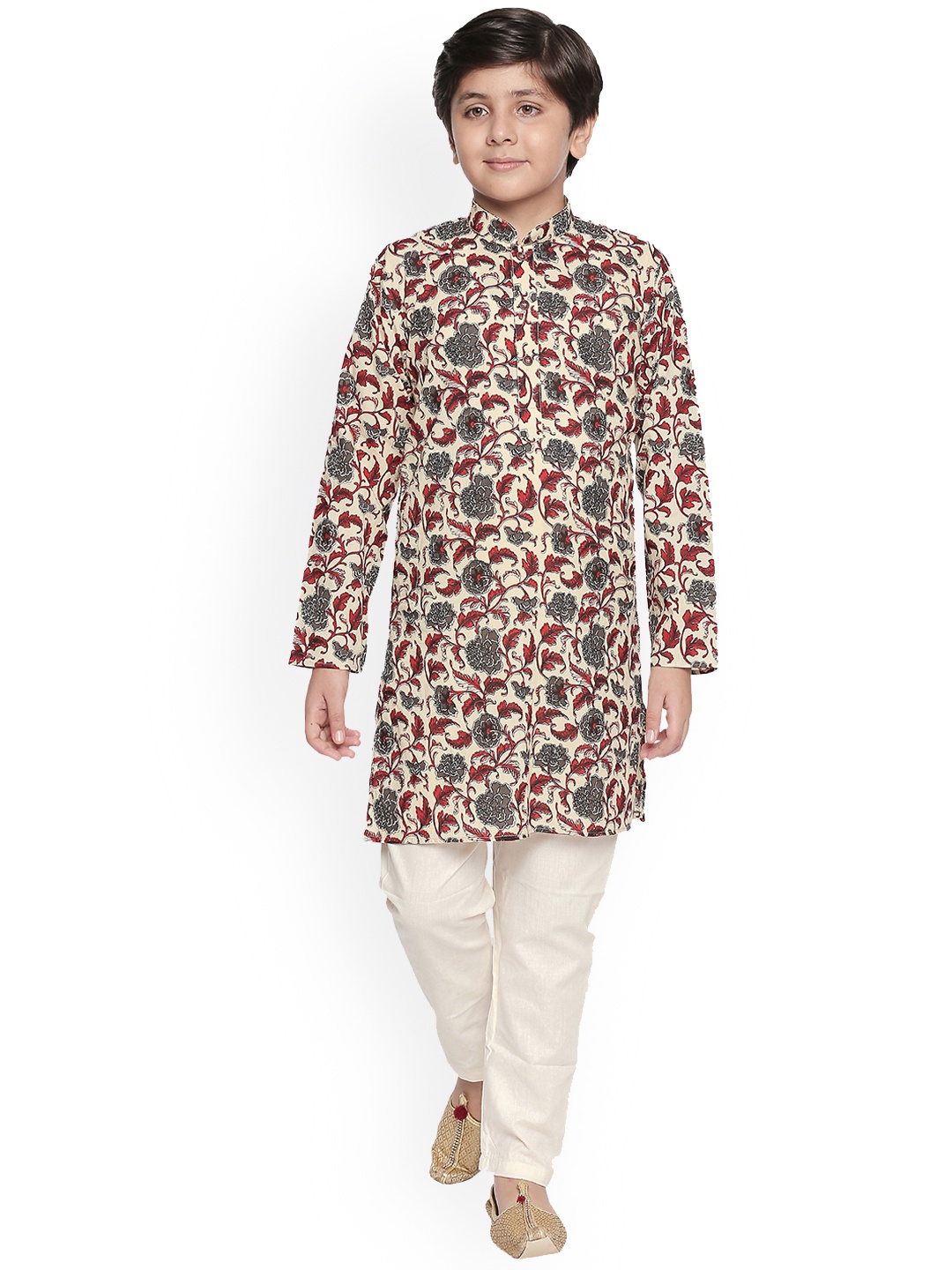 

BAESD Boys Floral Printed Mandarin Collar Kurta With Pyjamas, Beige