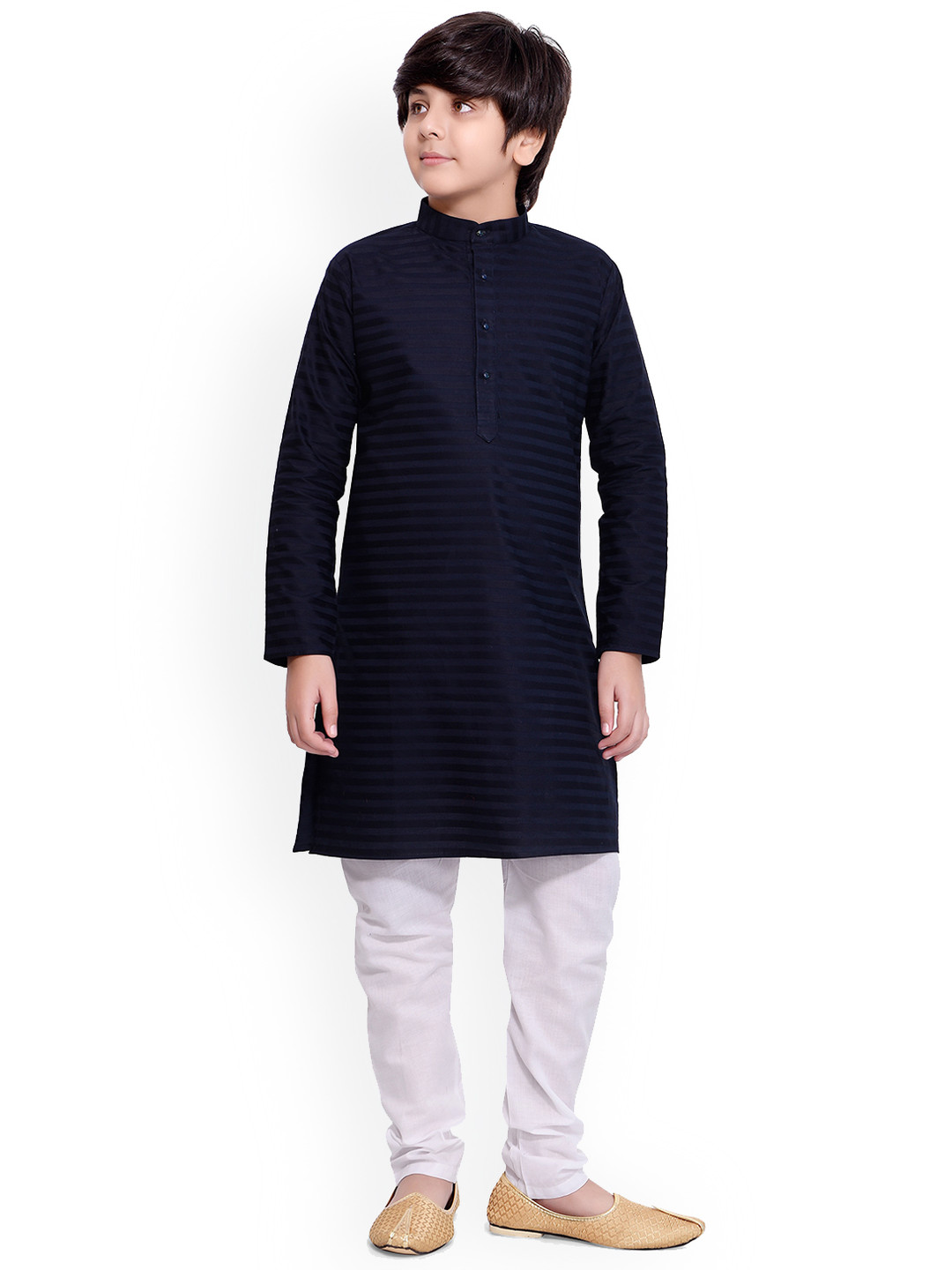 

BAESD Boys Striped Self Design Mandarin Collar Kurta With Pyjamas, Navy blue
