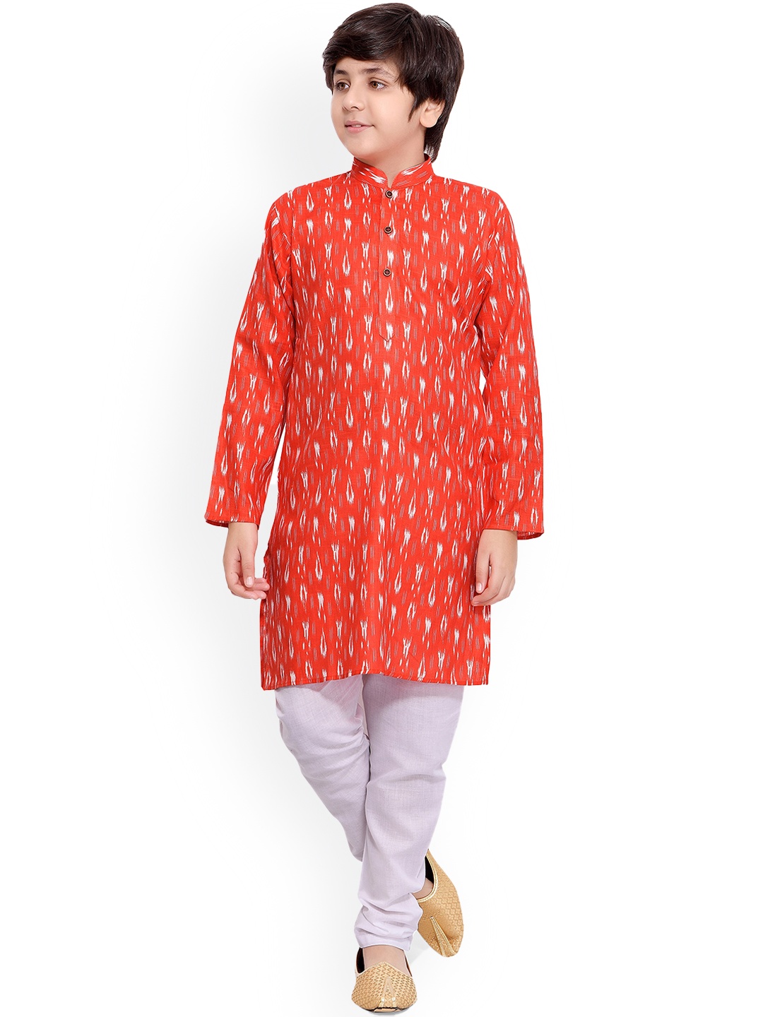 

BAESD Boys Ethnic Motifs Ikat Printed Mandarin Collar Kurta with Pyjamas, Orange