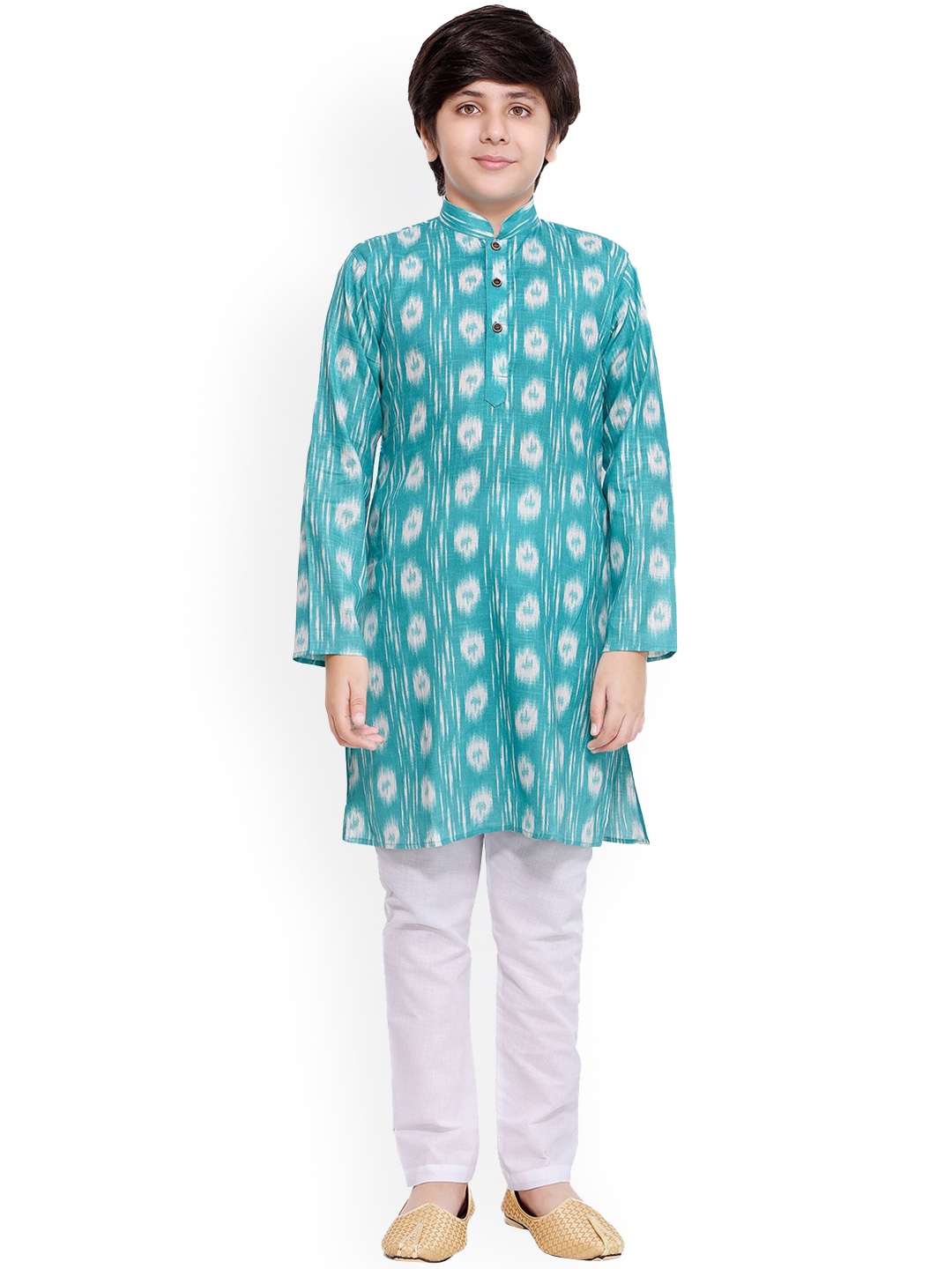 

BAESD Boys Ethnic Motifs Printed Mandarin Collar Regular Kurta with Dhoti Pants, Turquoise blue