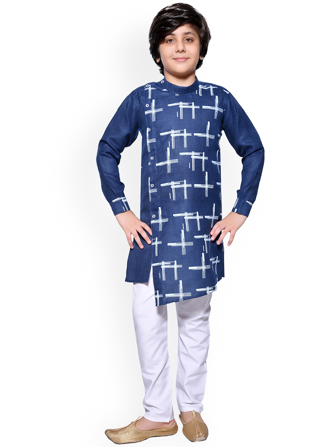 

BAESD Boys Geometric Printed Mandarin Collar Kurta with Pyjamas, Navy blue