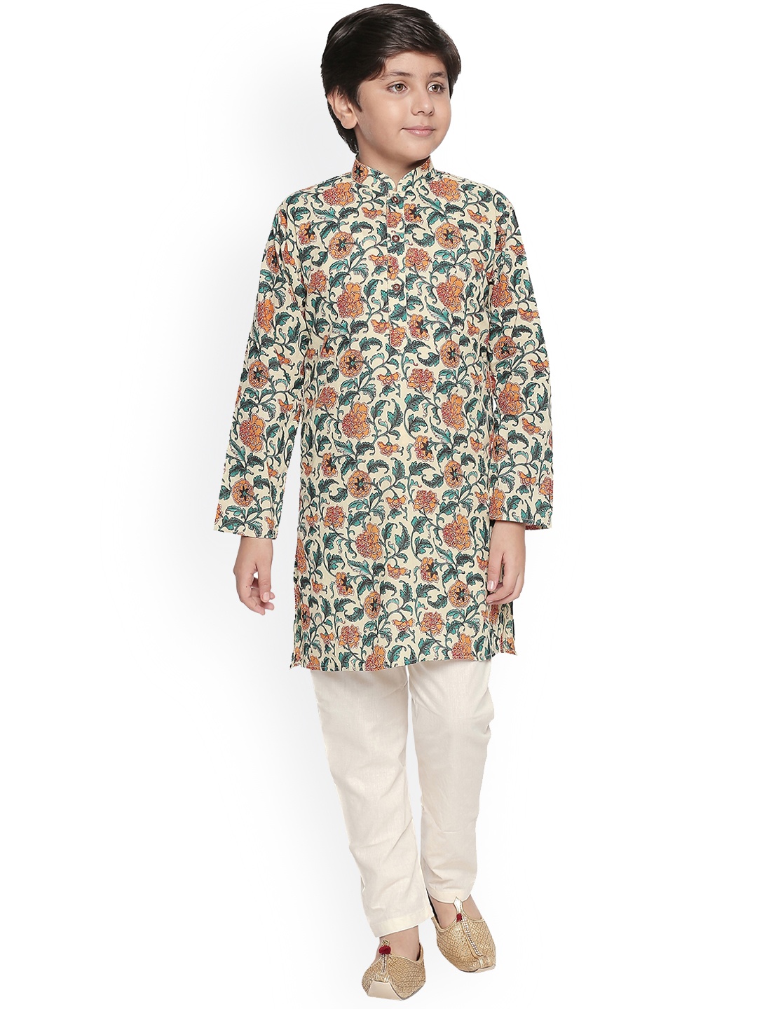 

BAESD Boys Floral Printed Mandarin Collar Regular Kurta with Dhoti Pants, Cream