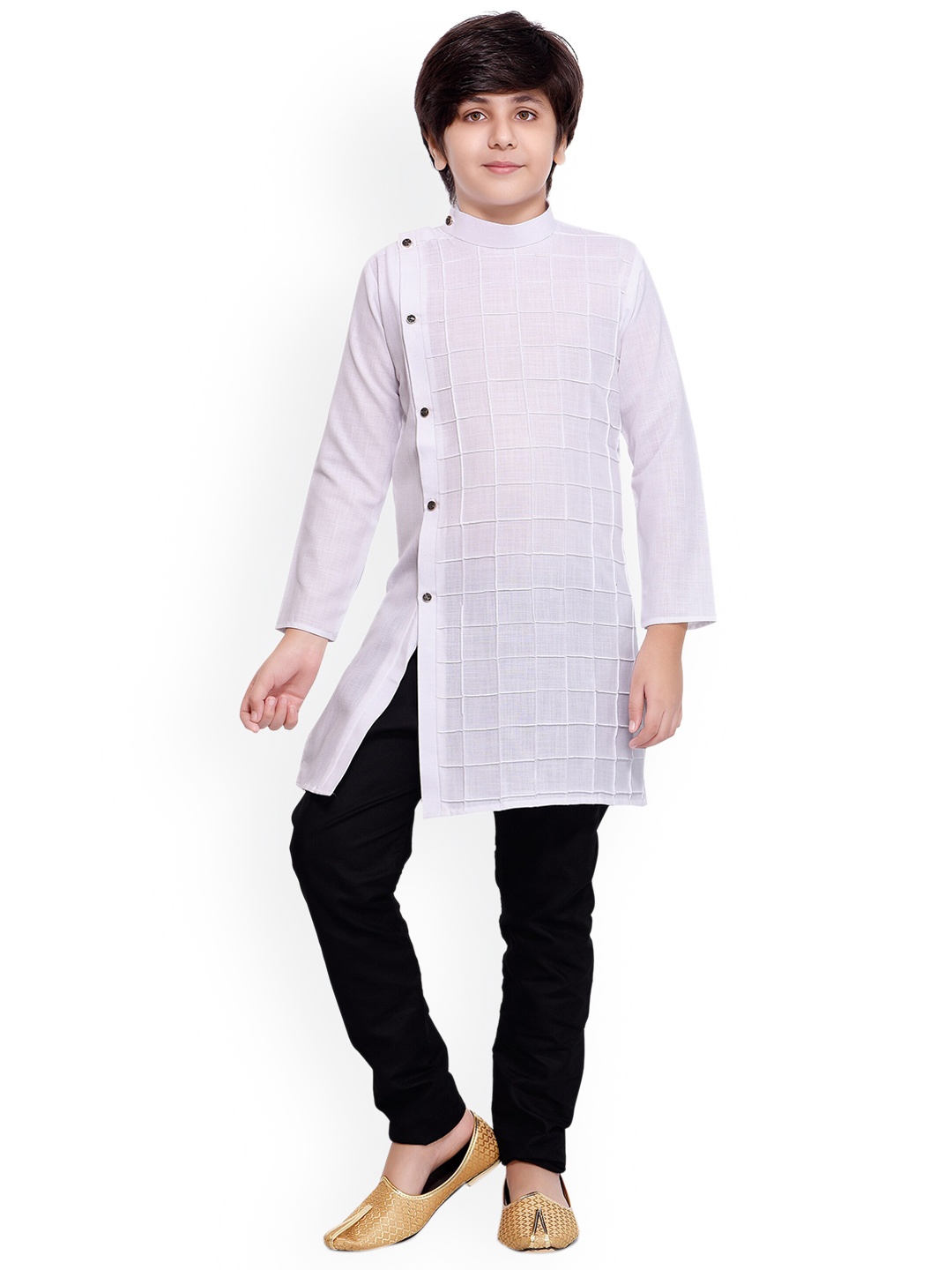 

BAESD Boys Checked Self Design Kurta With Pyjamas, White