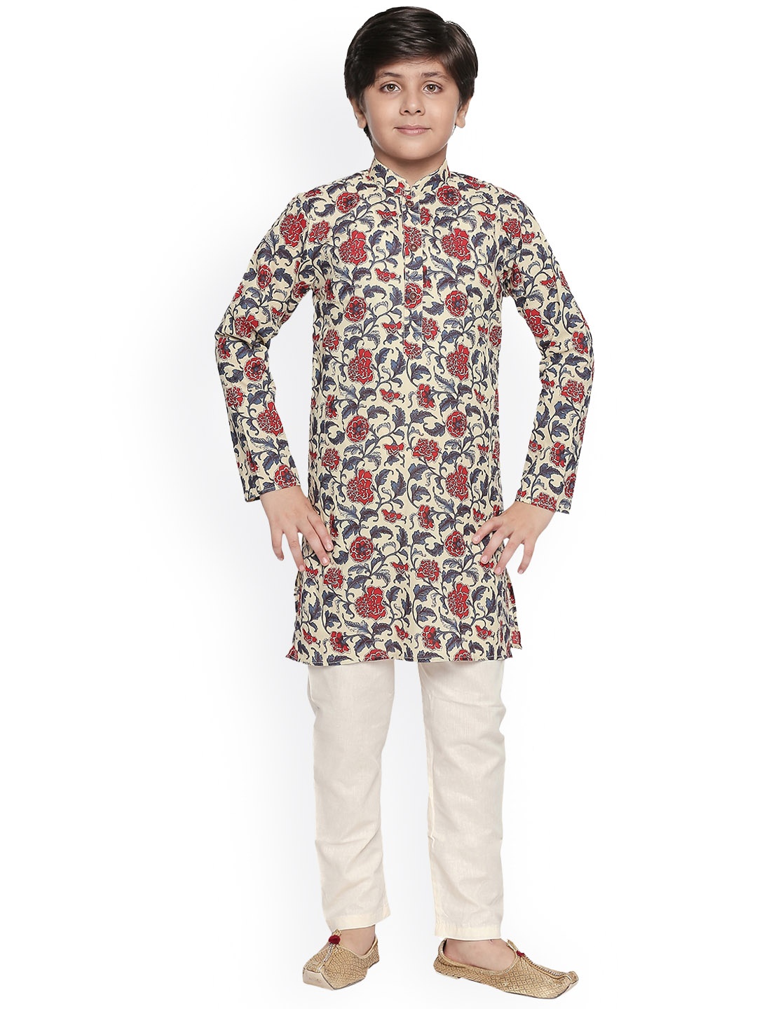 

BAESD Boys Floral Printed Regular Kurta with Pyjamas, Cream