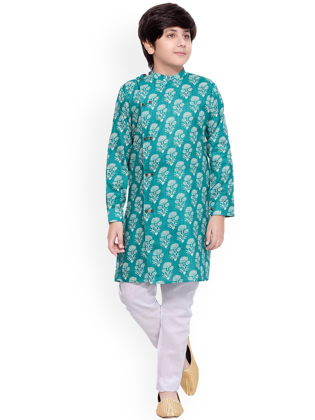 

BAESD Boys Floral Printed Band Collar Kurta With Pyjamas, Turquoise blue