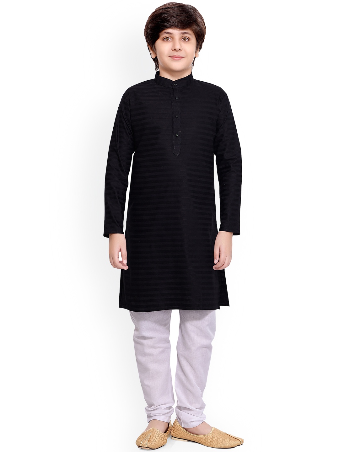 

BAESD Boys Striped Self Design Kurta With Pyjamas, Black