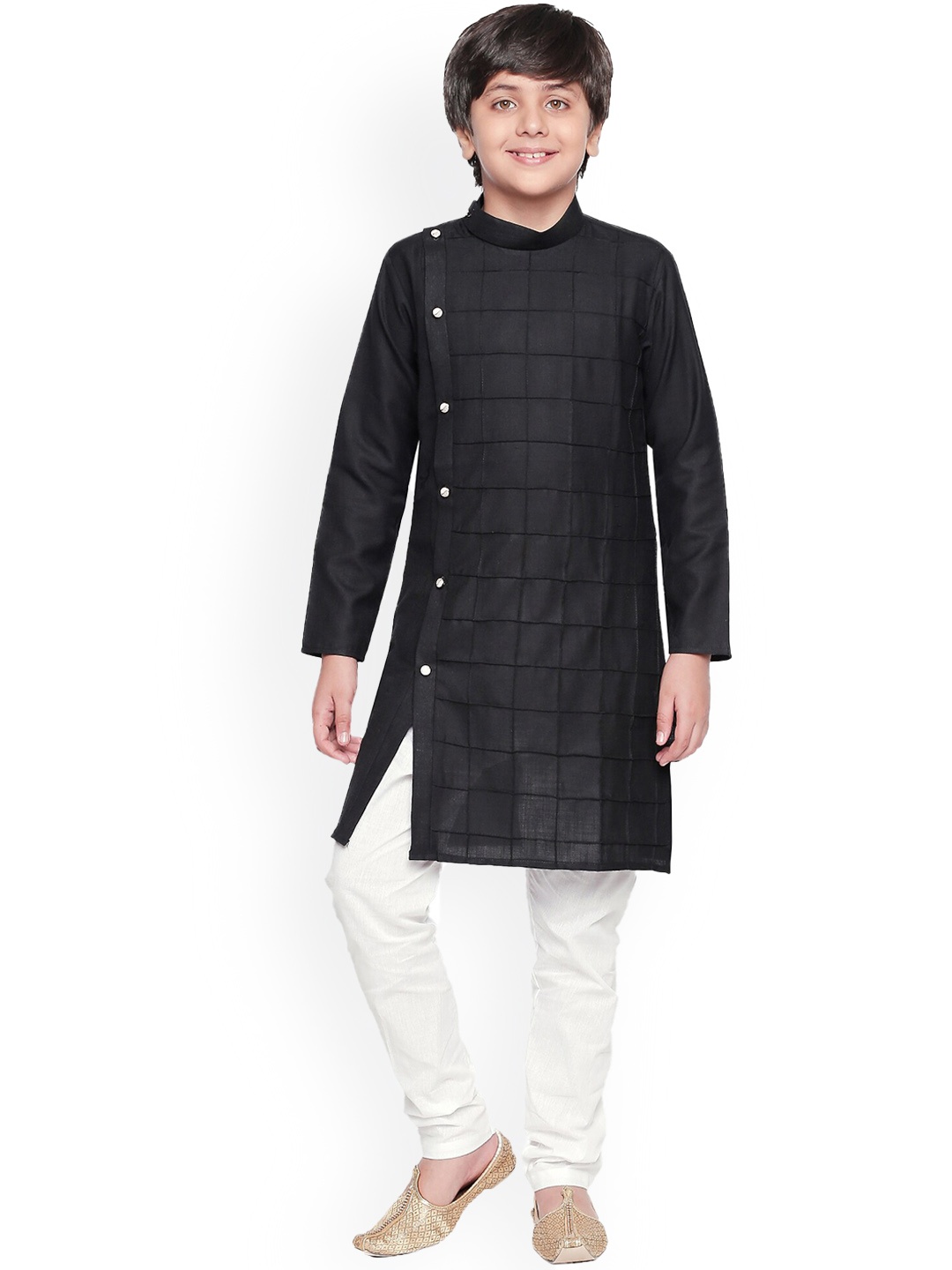 

BAESD Boys Checked Self Design Band Collar Kurta With Pyjamas, Black