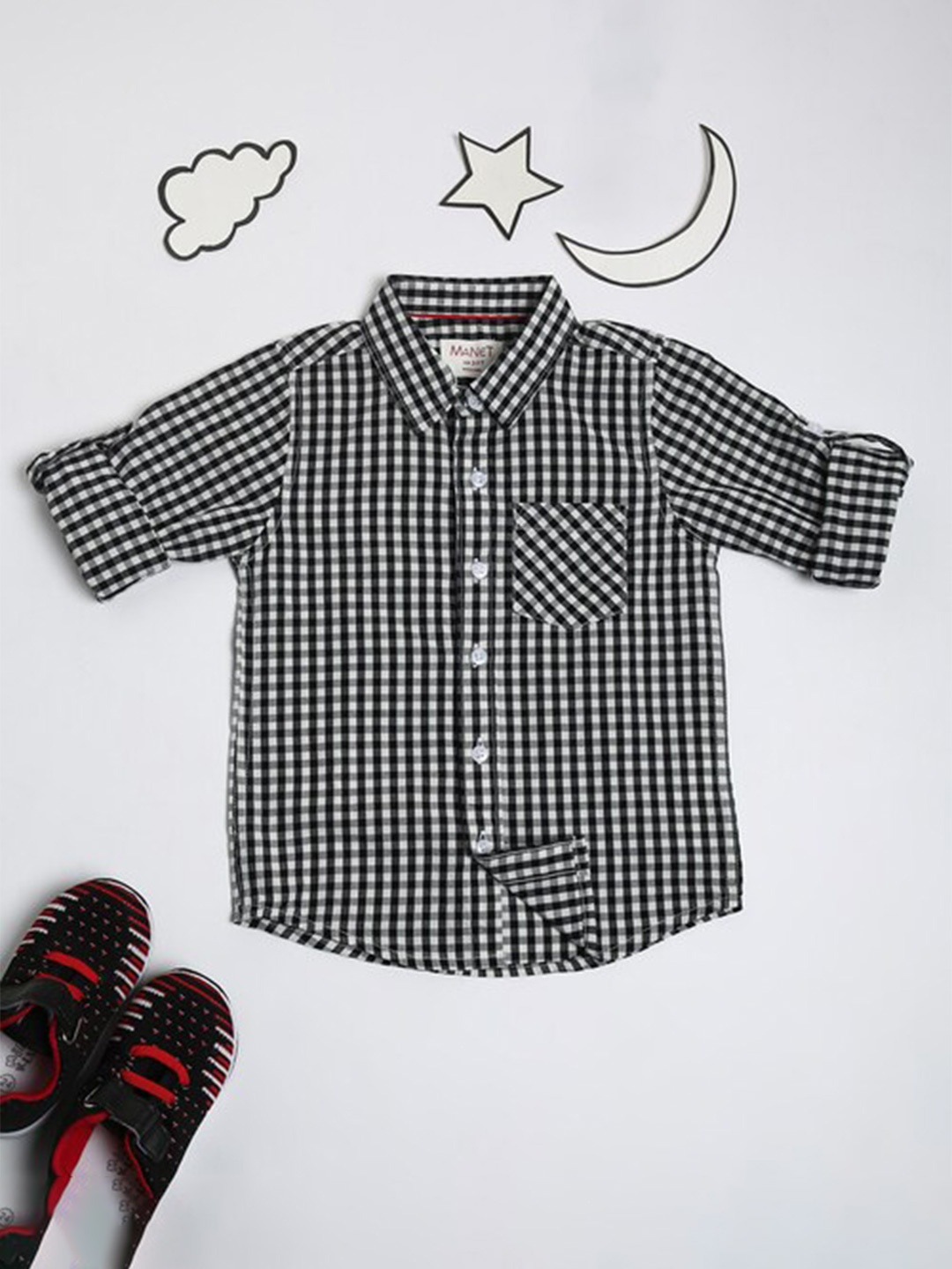 

MANET Boys White Gingham Checks Spread Collar Roll-Up Sleeves Cotton Casual Shirt