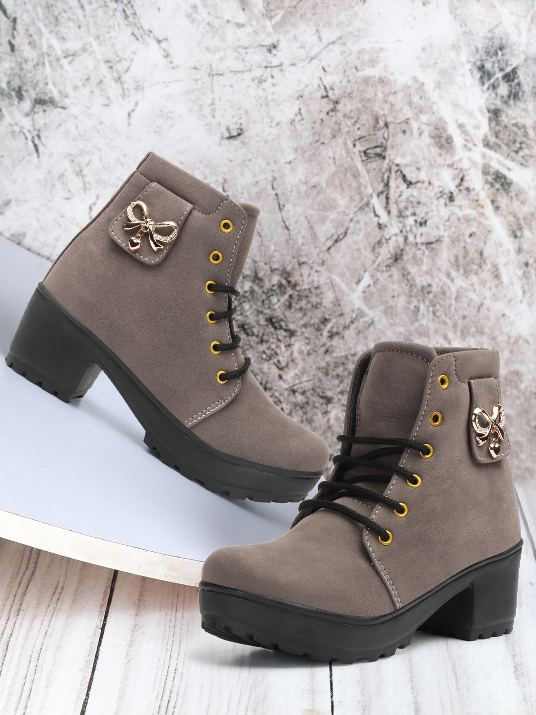 

Elibolz Women Bow Embellished Platform Heeled Mid-Top Chunky Boots, Grey