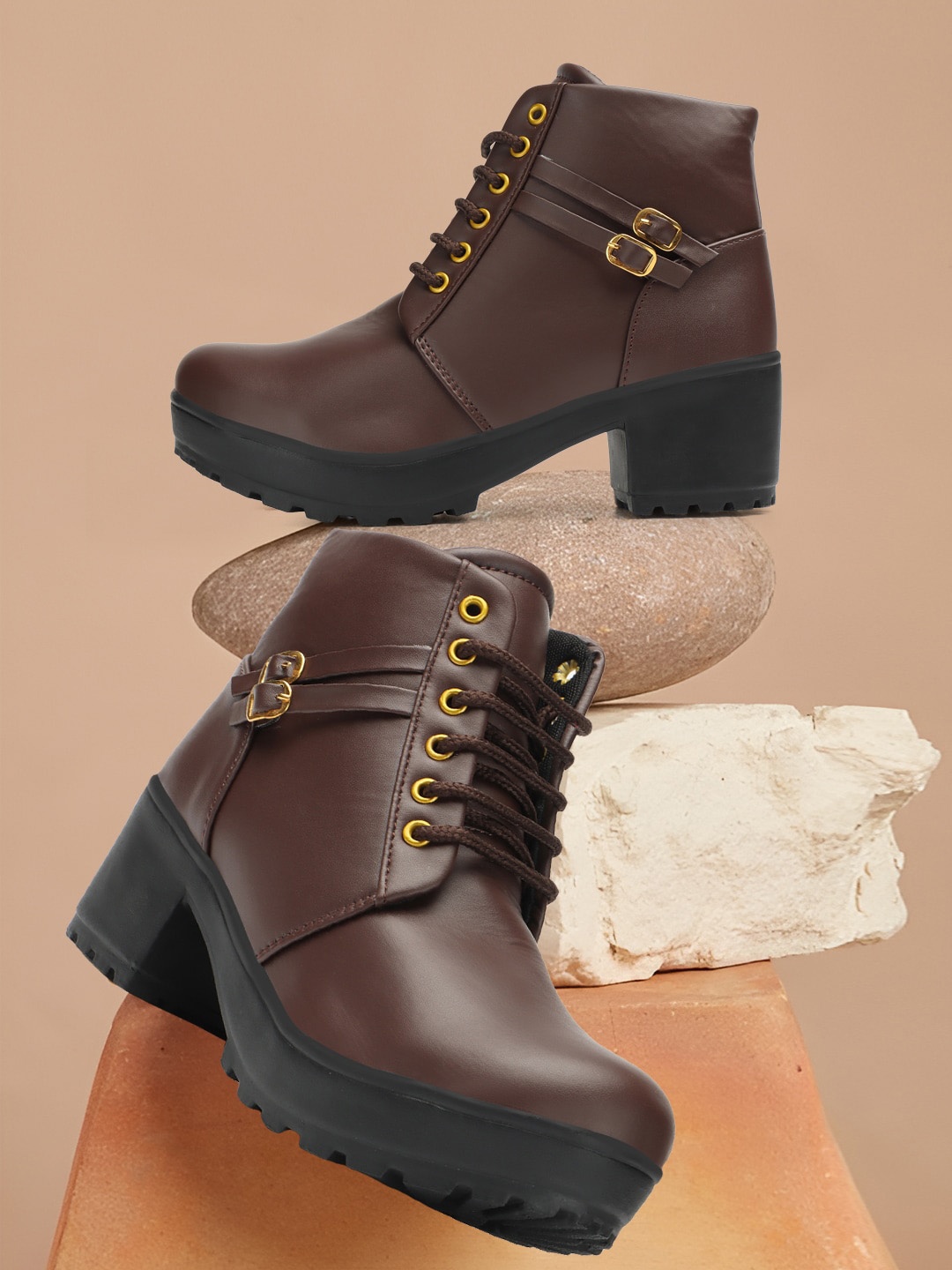 

Elibolz Women Platform Heeled Mid-Top Chunky Boots, Brown