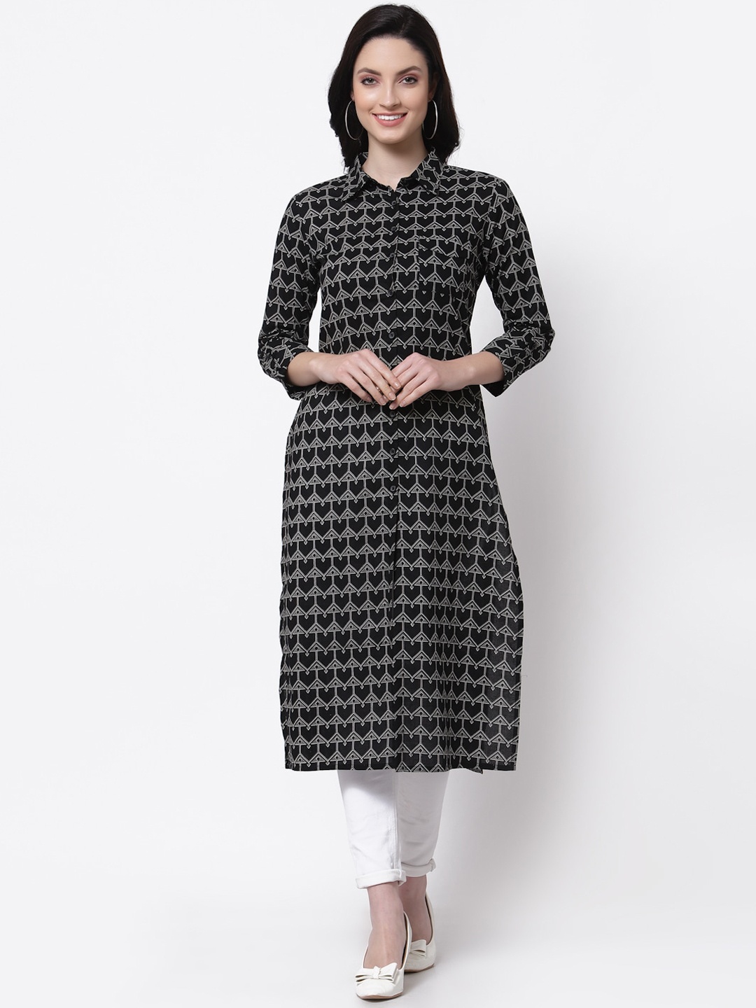 

LARGISH Geometric Printed Shirt Collar Cotton A-line Kurta, Black