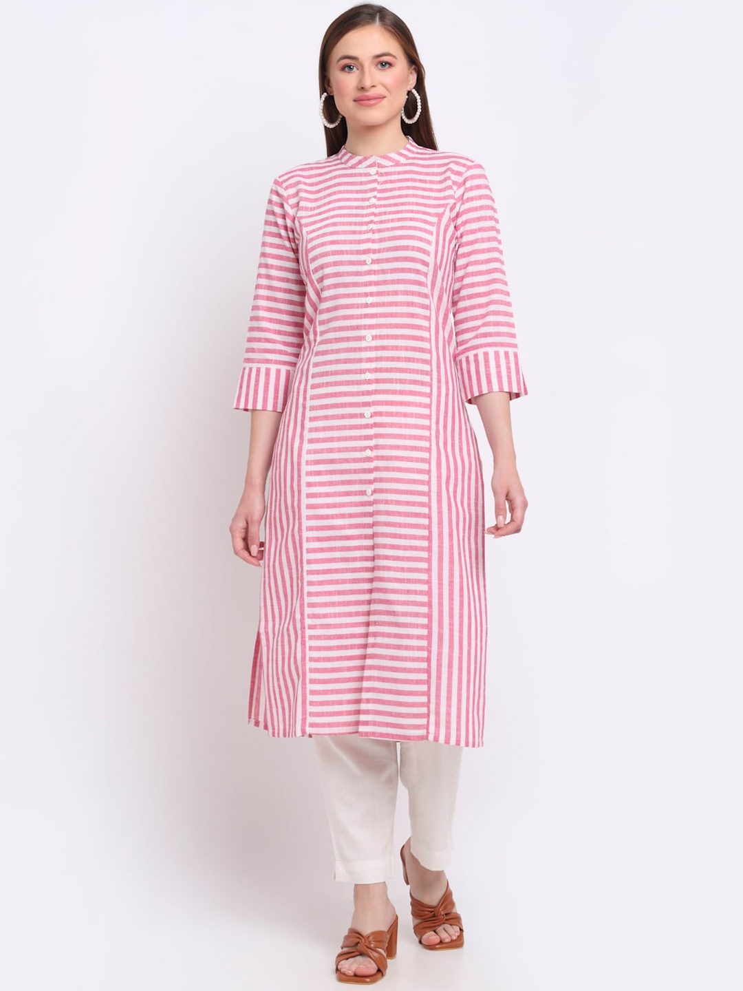 

LARGISH Striped Printed Mandarin Collar Cotton Straight Kurta, Pink