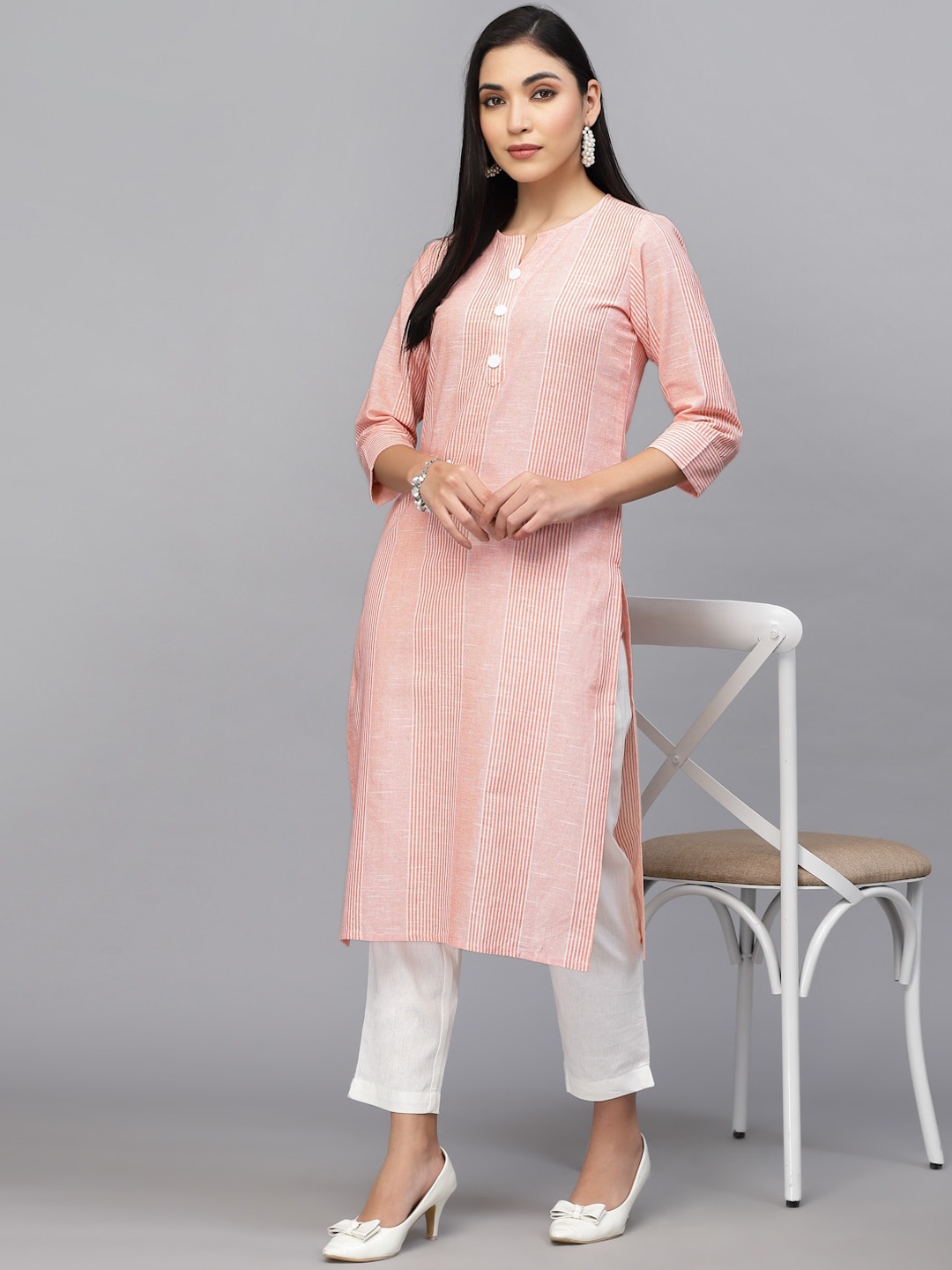 

LARGISH Striped Printed Round Neck Cotton Straight Kurta, Orange