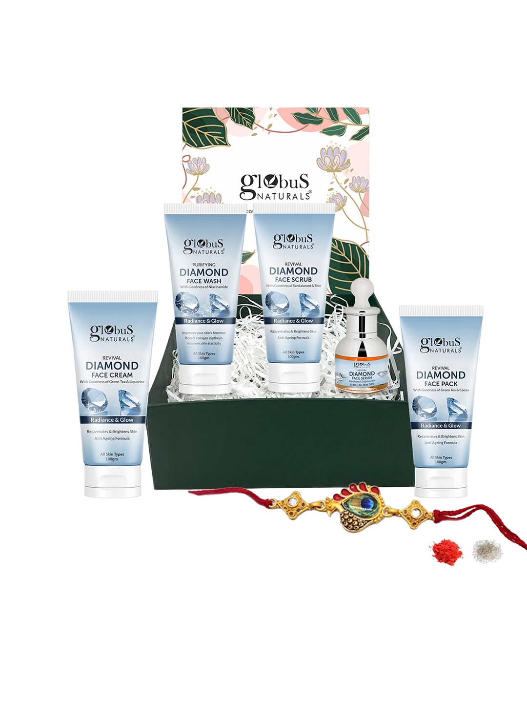 

Globus naturals Set Of 5 Rakhi Gift Set With Skin Care, White