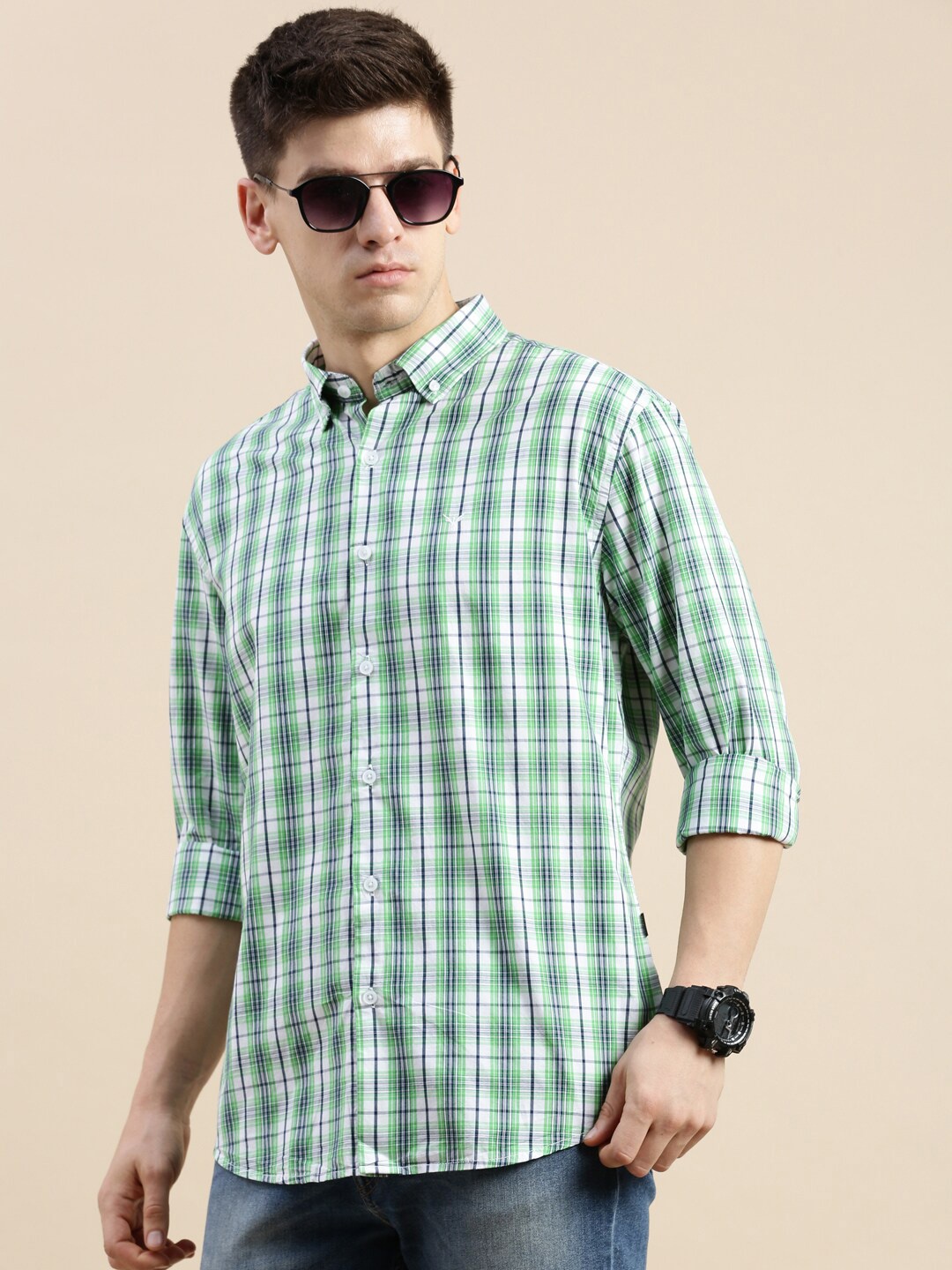 

SHOWOFF Standard Slim Fit Tartan Checked Button-Down Collar Cotton Casual Shirt, Green