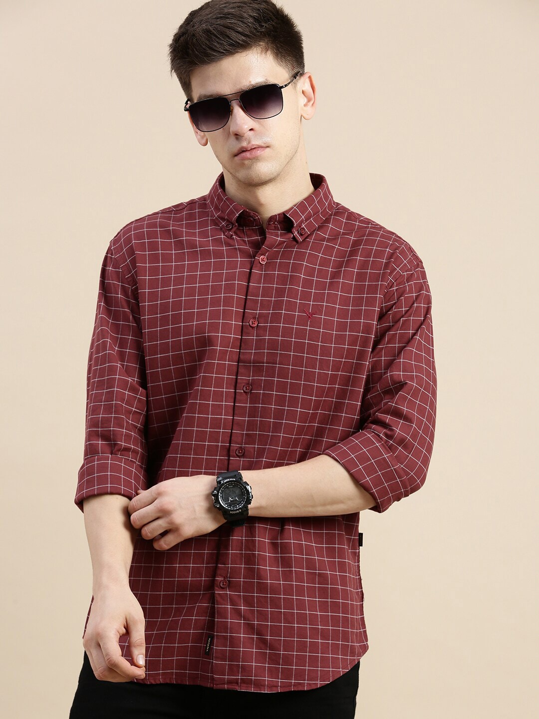 

SHOWOFF Standard Slim Fit Grid Tattersall Checked Cotton Casual Shirt, Maroon