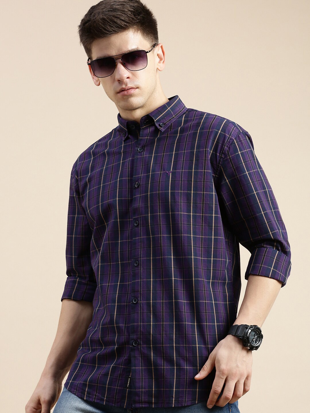 

SHOWOFF Standard Slim Fit Tartan Checked Cotton Casual Shirt, Purple