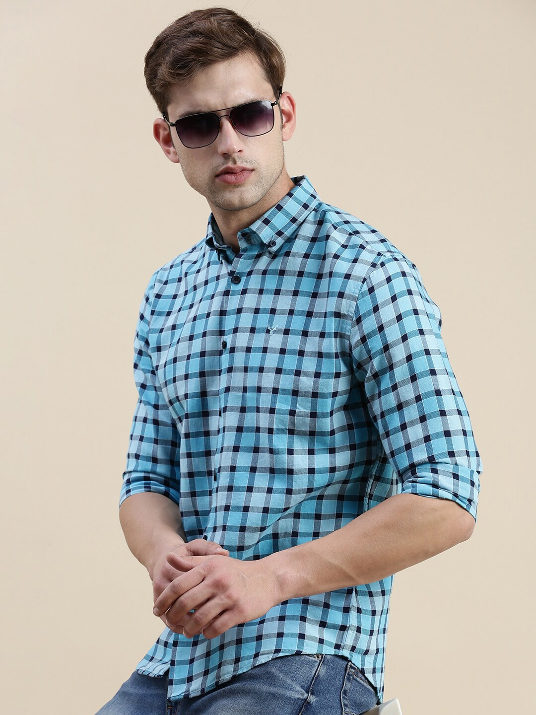 

SHOWOFF Standard Slim Fit Gingham Checks Checked Cotton Casual Shirt, Blue