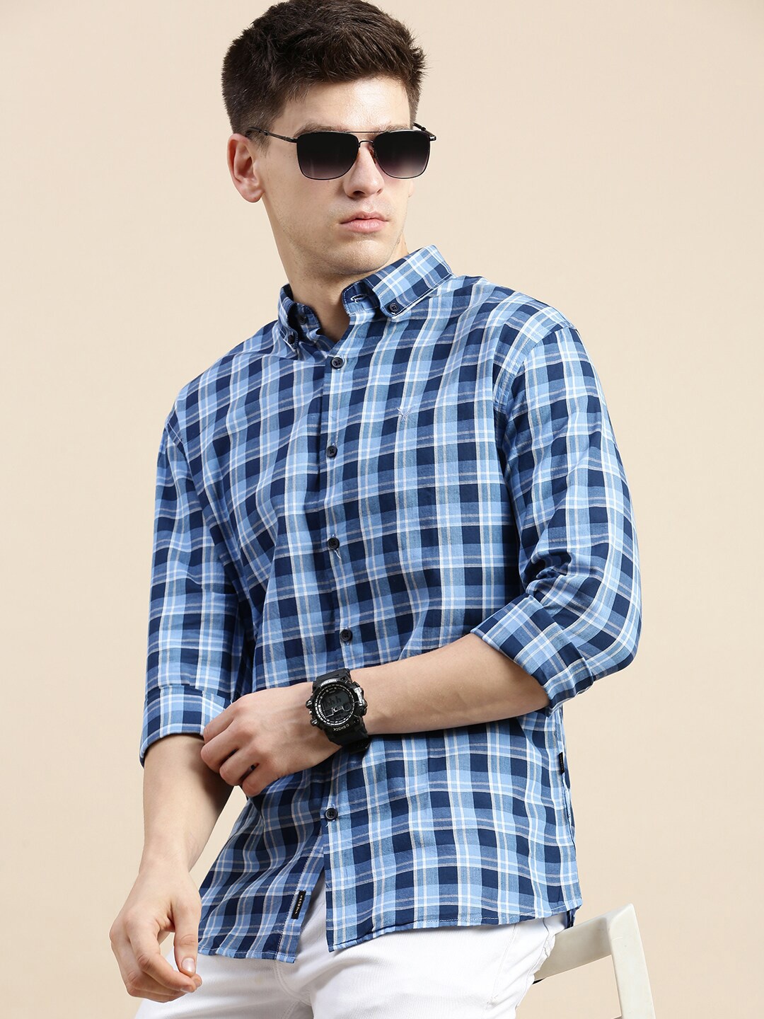 

SHOWOFF Standard Slim Fit Buffalo Checks Checked Cotton Casual Shirt, Blue