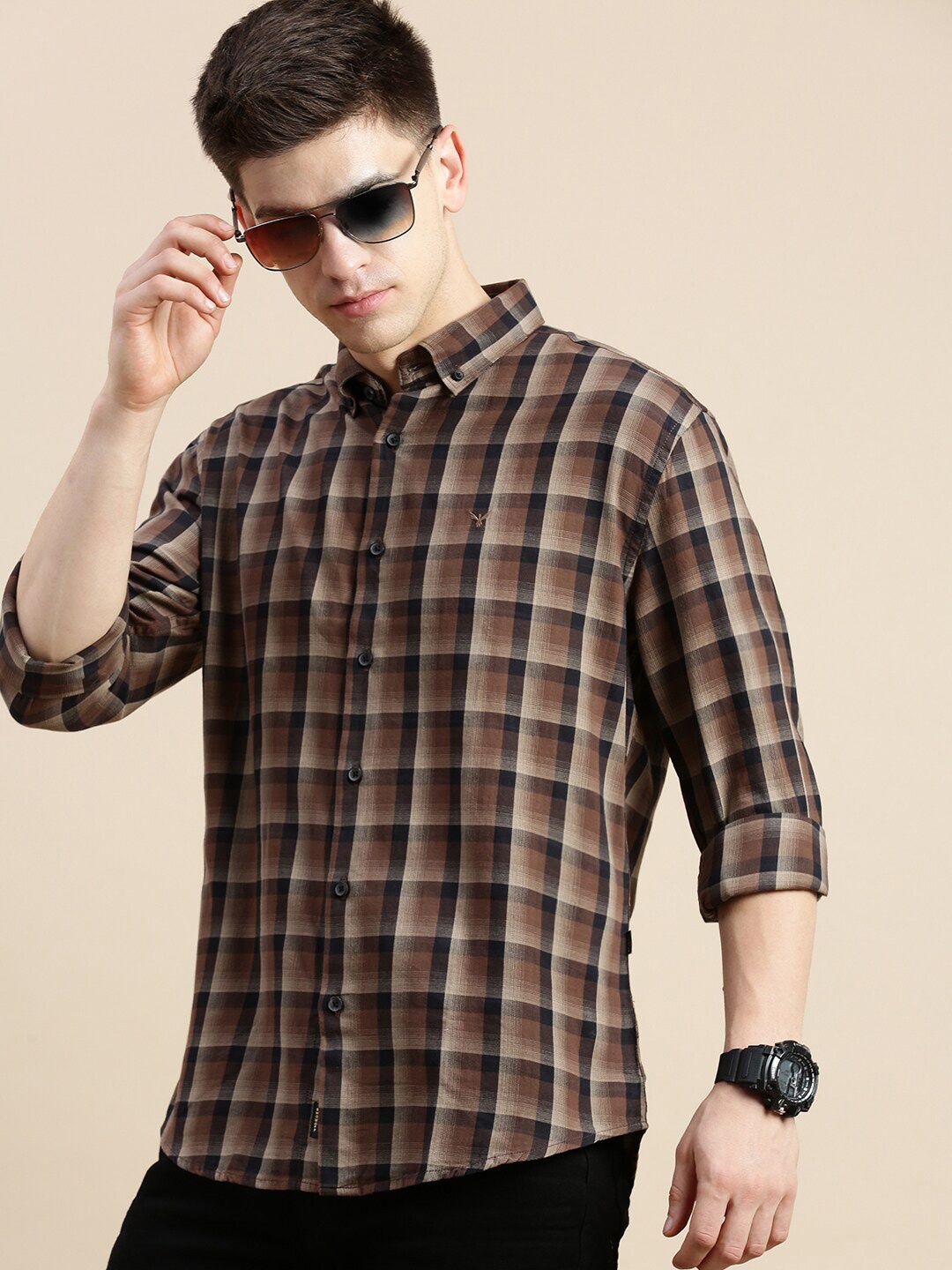 

SHOWOFF Standard Slim Fit Buffalo Checks Checked Cotton Casual Shirt, Brown