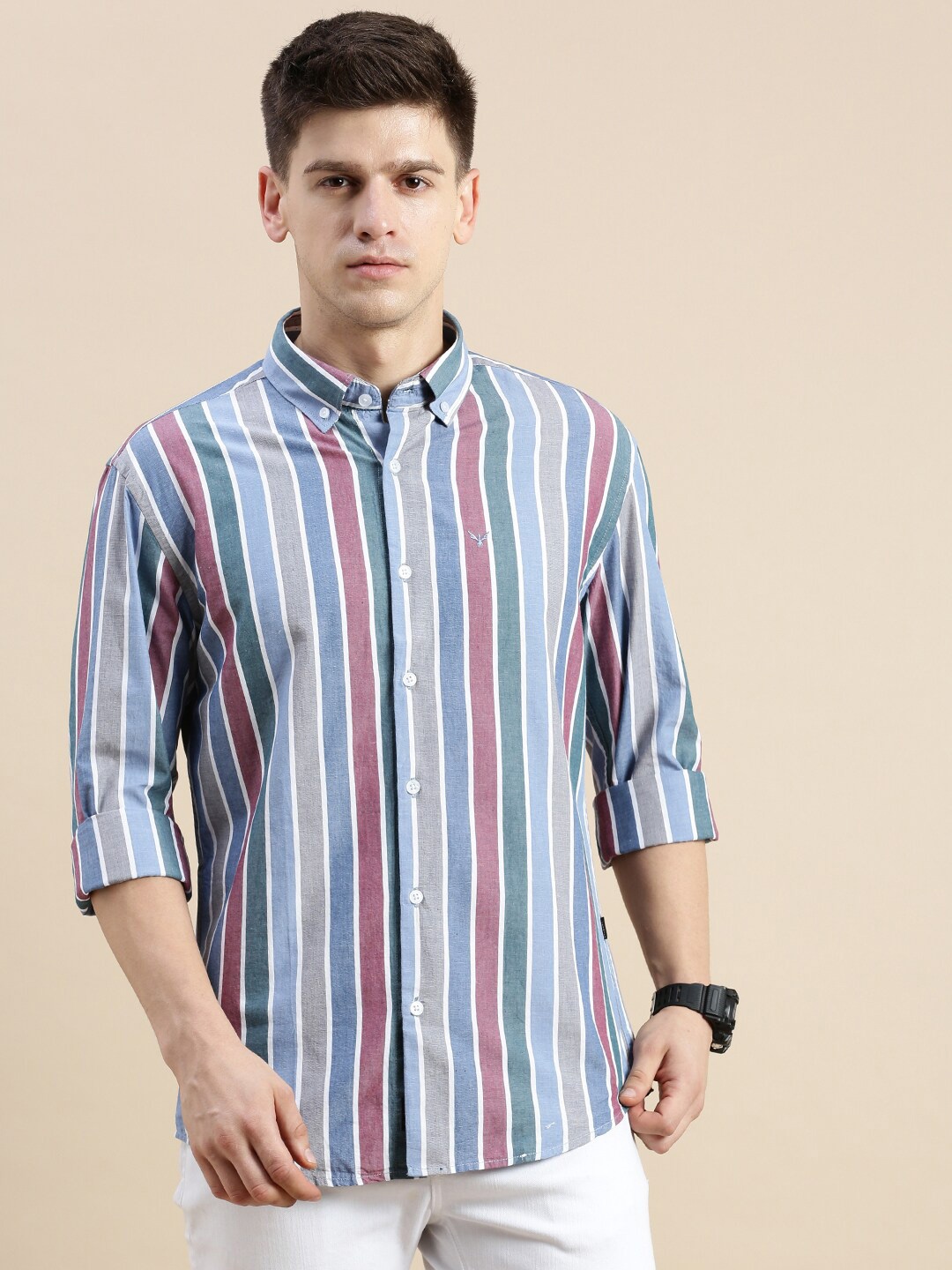 

SHOWOFF Standard Slim Fit Multi Stripes Striped Cotton Casual Shirt, White