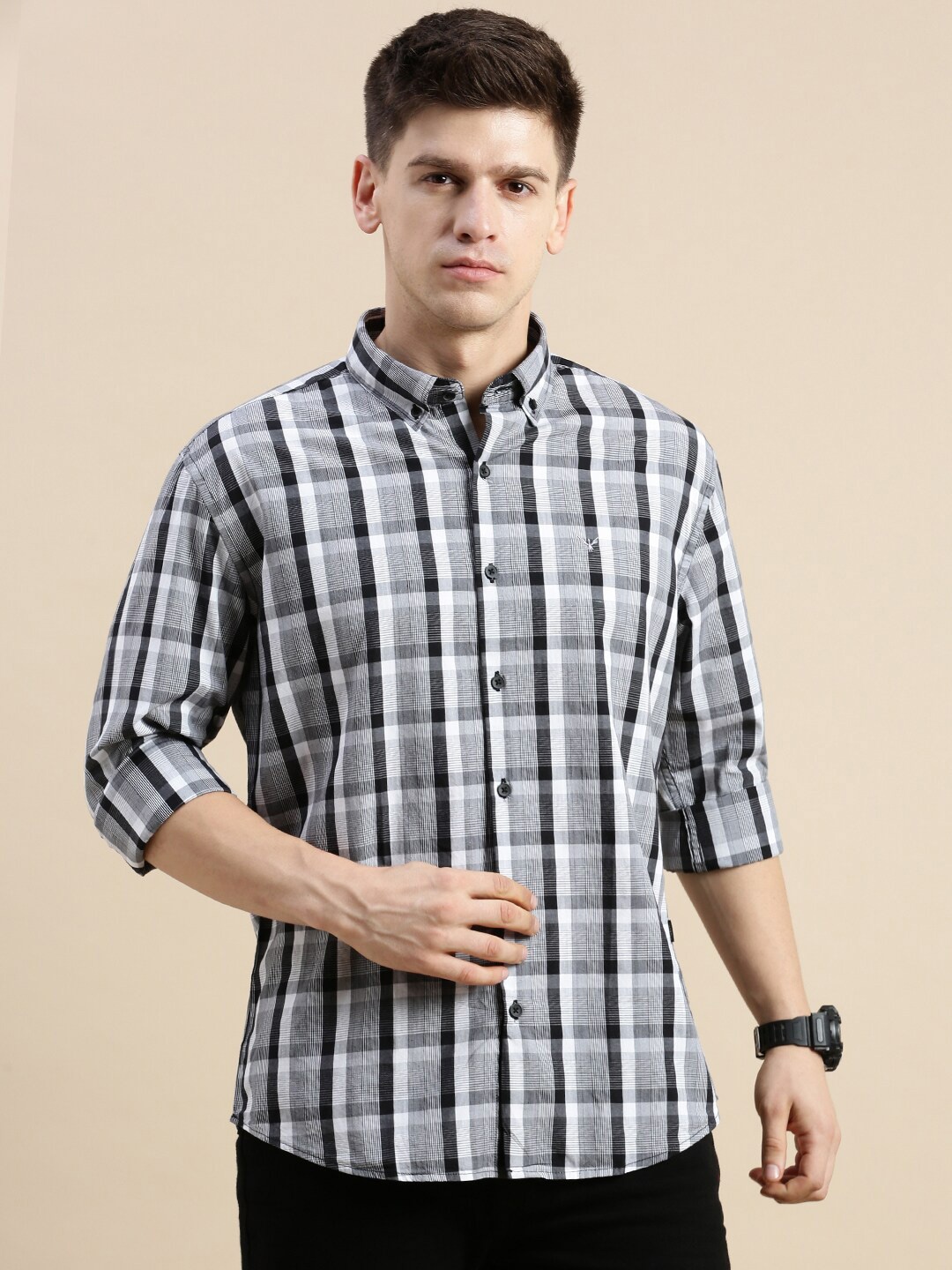 

SHOWOFF Standard Tartan Checks Opaque Cotton Casual Shirt, Grey