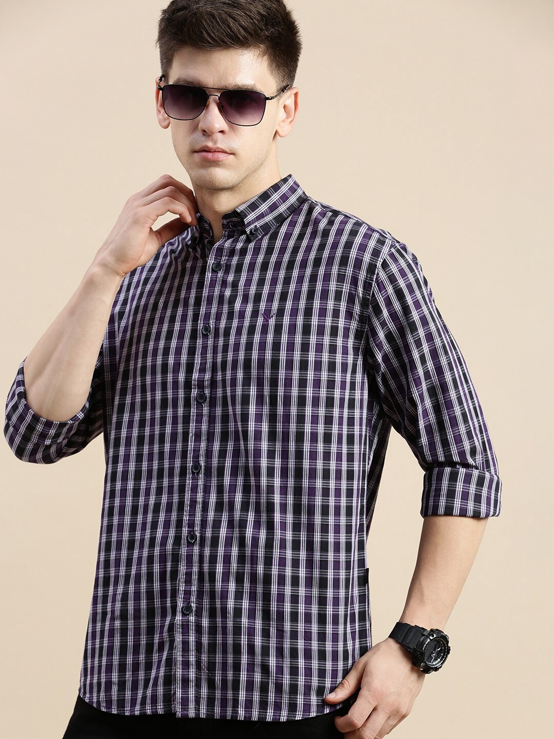 

SHOWOFF Standard Tartan Checks Opaque Cotton Casual Shirt, Purple