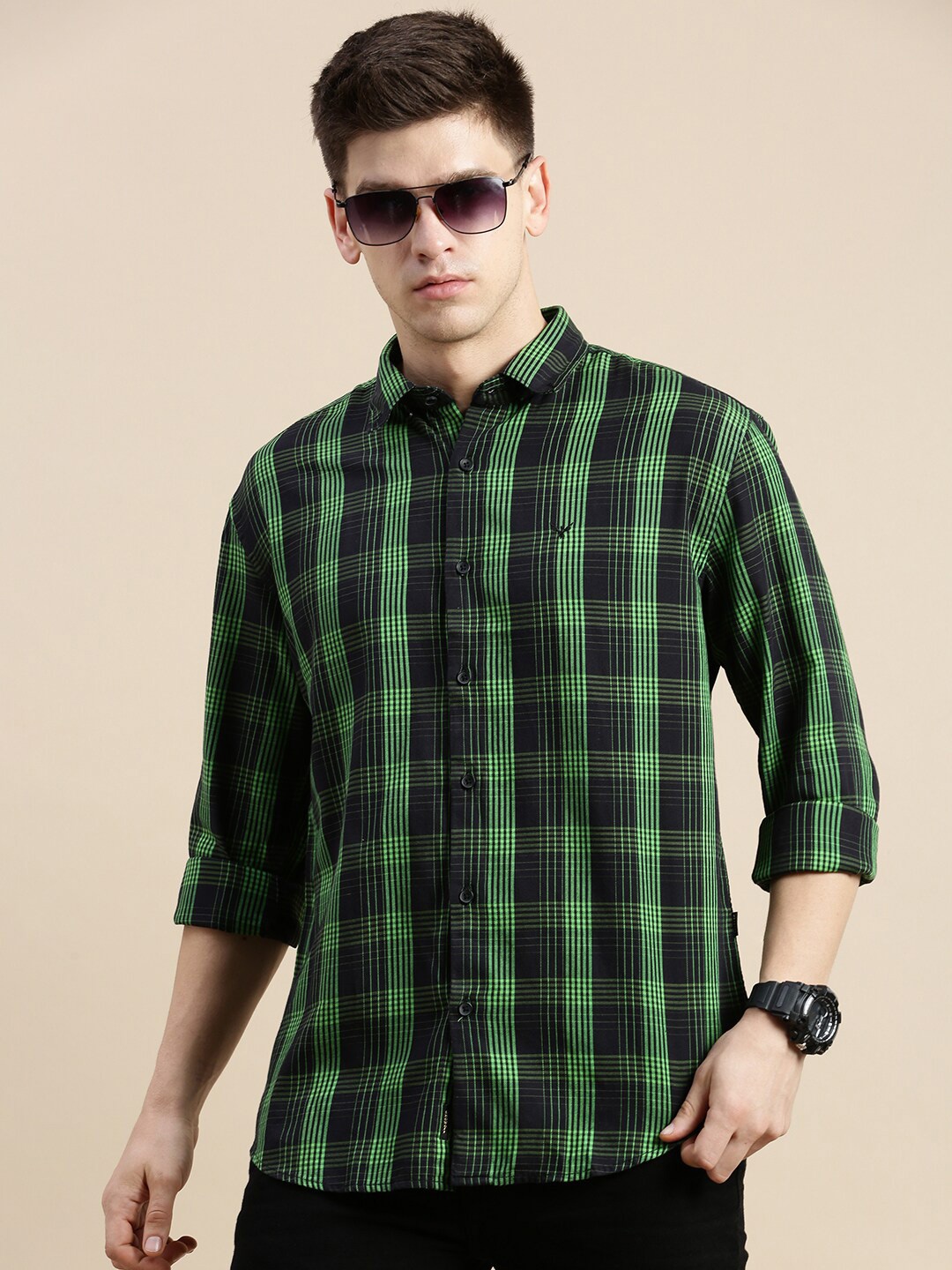 

SHOWOFF Standard Tartan Checks Opaque Cotton Casual Shirt, Black