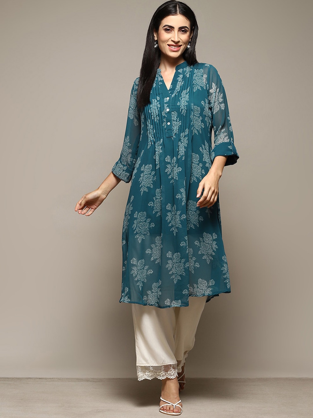 

Biba Floral Printed Mandarin Collar Pleated A-Line Kurta, Teal