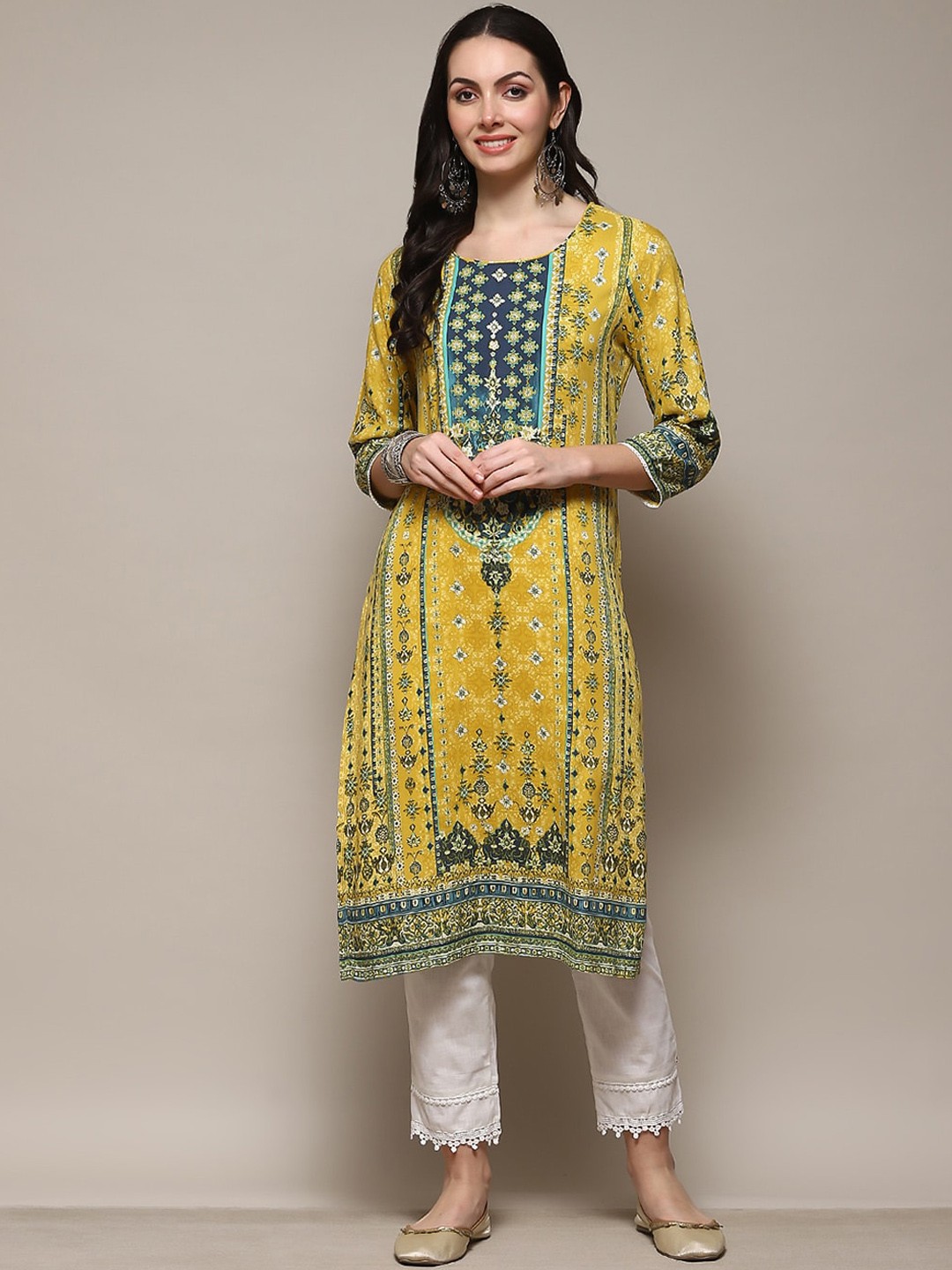 

Biba Ethnic Motifs Printed Round Neck Regular Kurta, Yellow