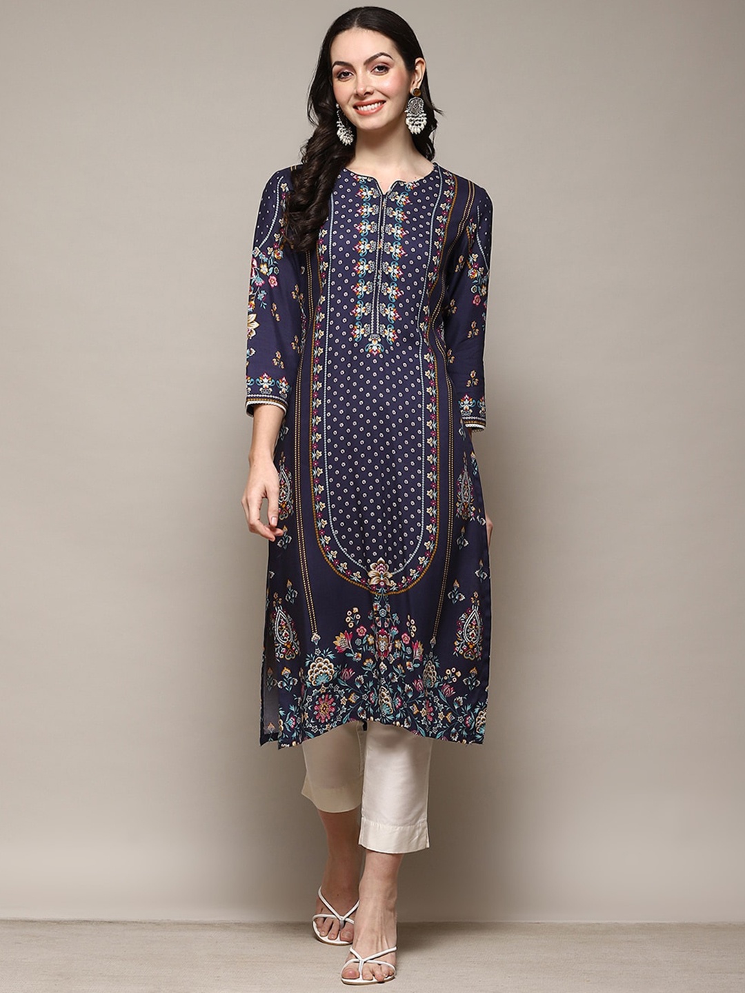 

Biba Ethnic Motifs Printed Round Neck Regular Kurta, Navy blue