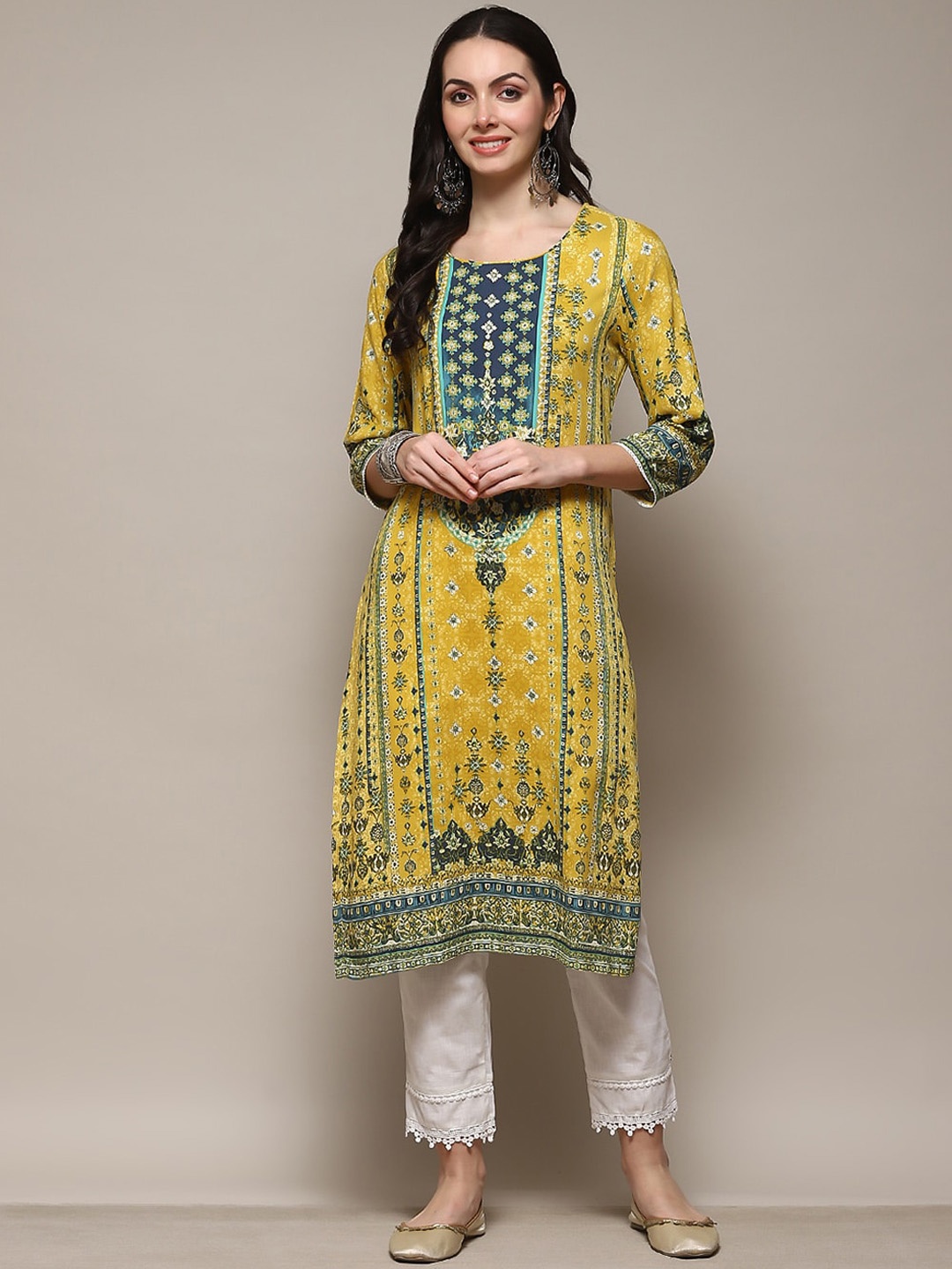 

Biba Ethnic Motifs Printed Round Neck Regular Kurta, Yellow