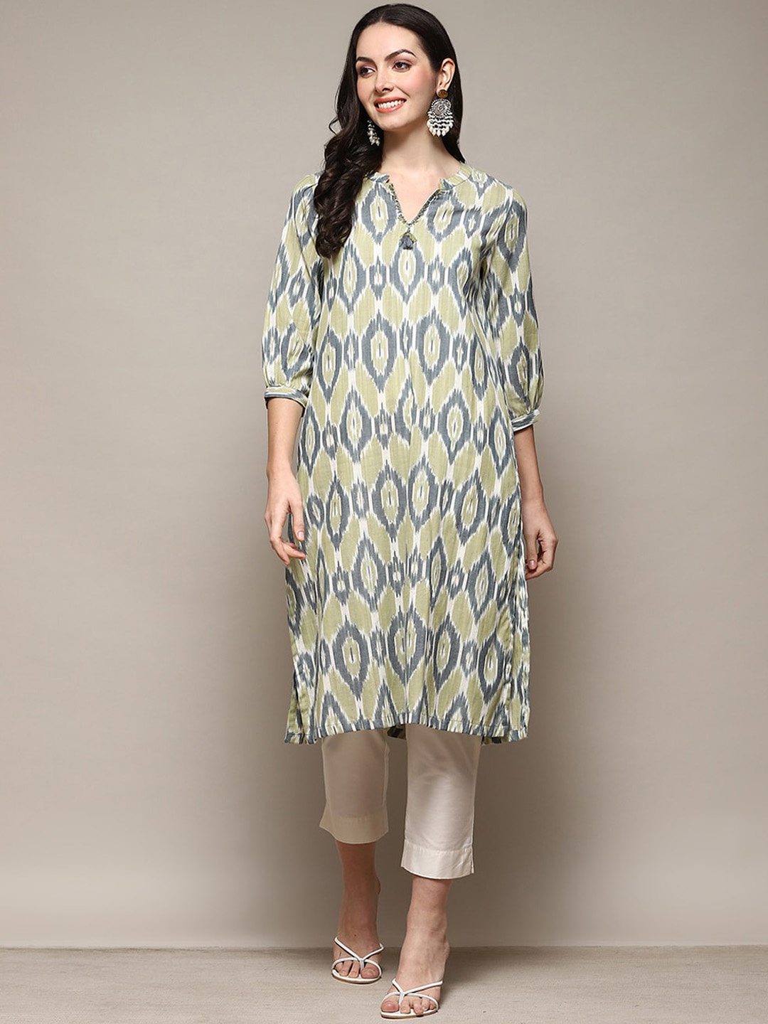 

Biba Ethnic Motifs Printed Round Neck Cotton Regular Kurta, Green