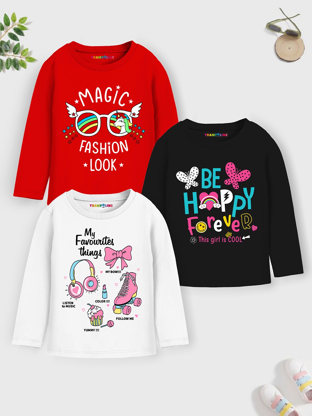 

Trampoline Girls Pack Of 3 Printed Cotton T-shirts, Red