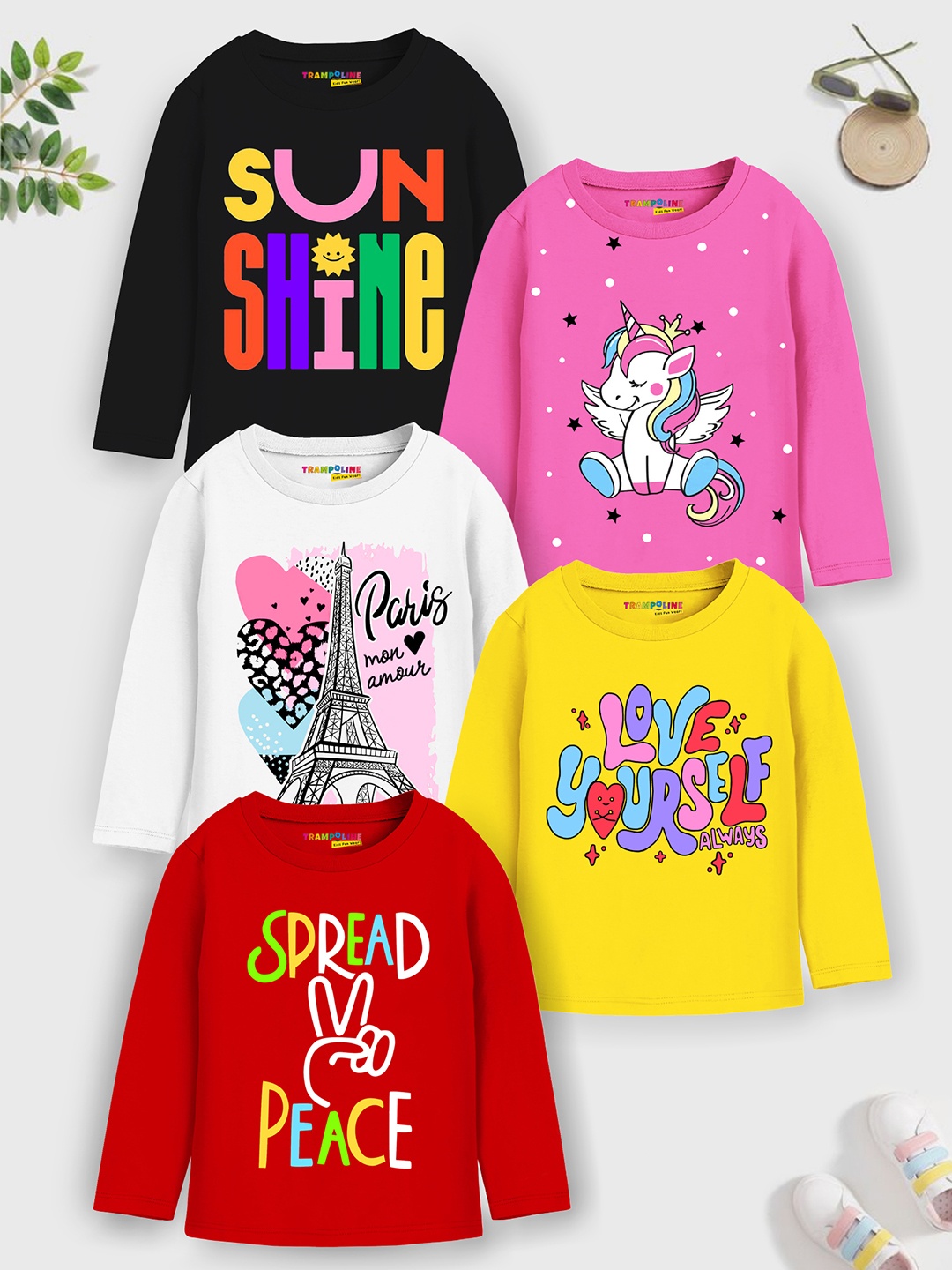 

Trampoline Girls Pack of 5 Graphic Printed Cotton T-shirt, Multi