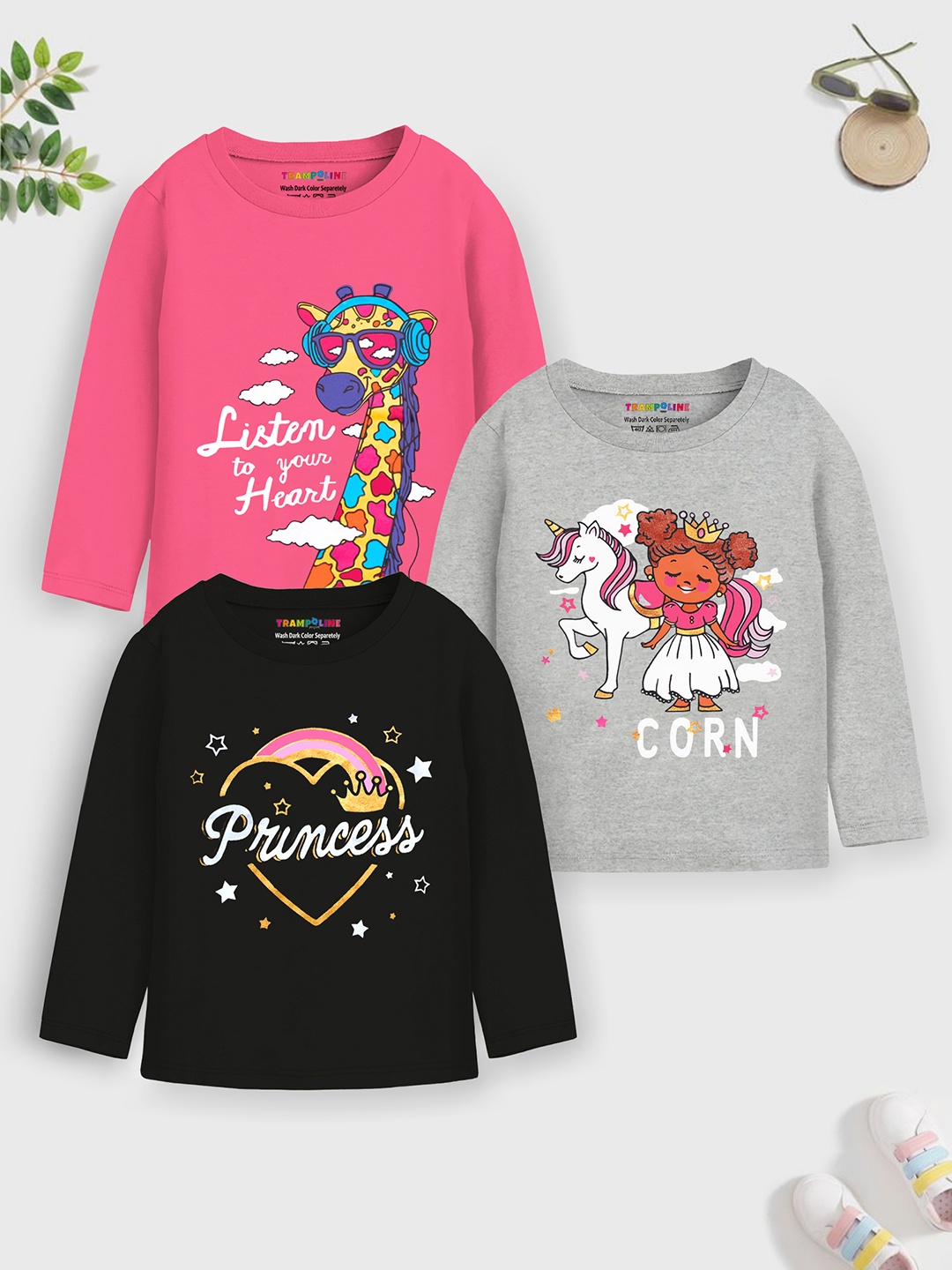 

Trampoline Girls Pack Of 3 Graphic Printed T-shirts, Pink