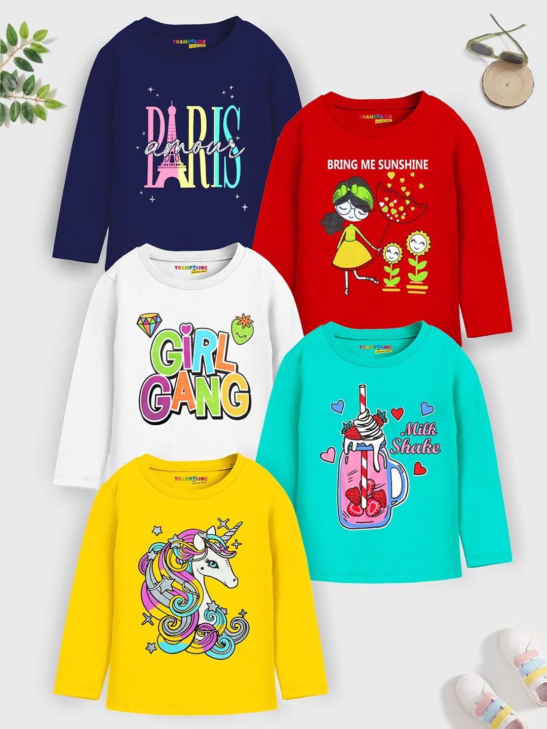 

Trampoline Girls Pack Of 5 Graphic Printed T-shirts, Yellow