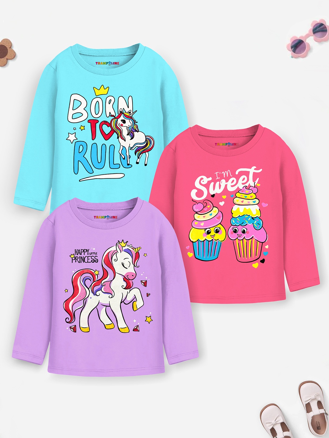 

Trampoline Infants Pack Of 3 Graphic Printed Long Sleeves Pure Cotton T-shirt, Blue