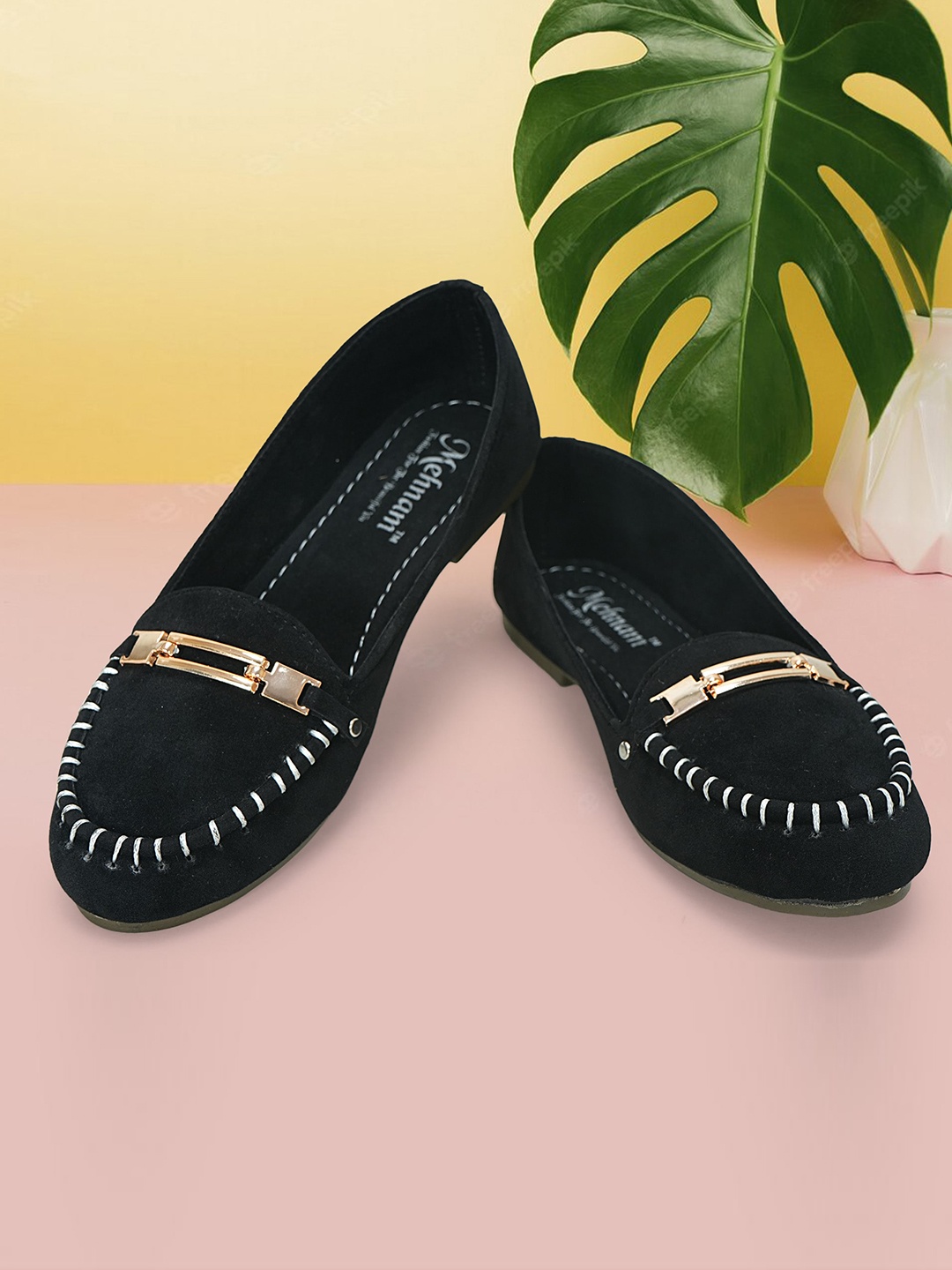

MEHNAM Women Buckled Stitched Round Toe Loafers, Black
