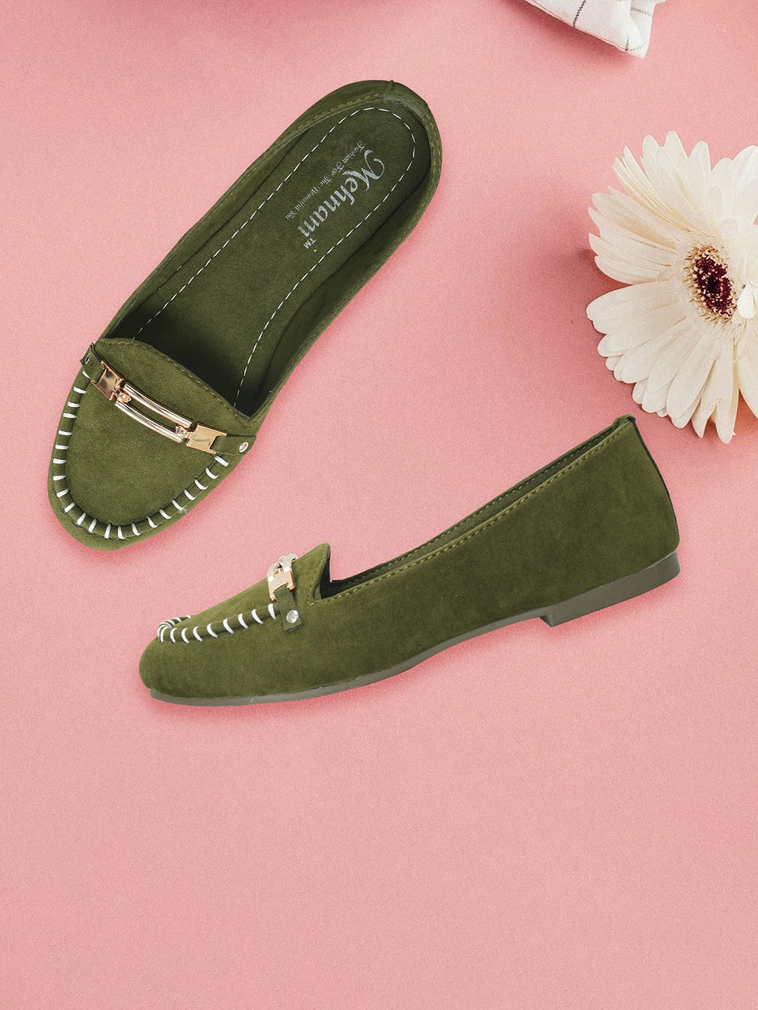 

MEHNAM Women Buckled Slip-On Loafers, Olive