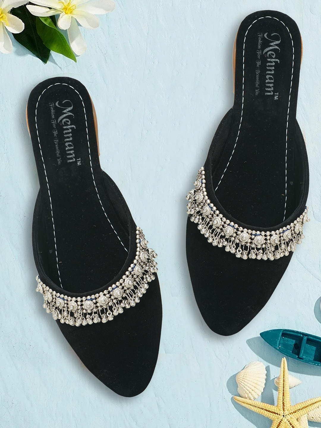 

MEHNAM Embellished Ethnic Mules, Black